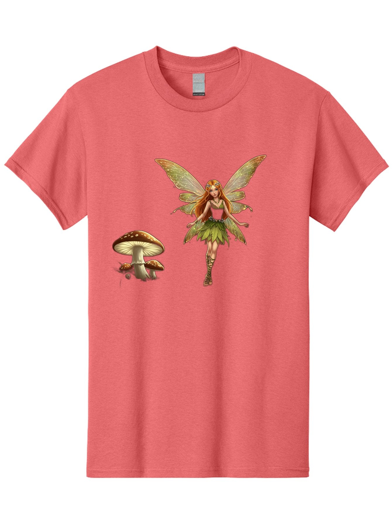 Fairy-With-Mushrooms Men'S Graphic Tee, 100% Cotton, Comfortable Casual Summer Wear, Machine Washable, Fairy With Wings, Green Dress, Red Hair, Mushrooms, Fantasy Creature, Mythical Being, Magical, Mystical, Whimsical, Enchanting Bab895 7