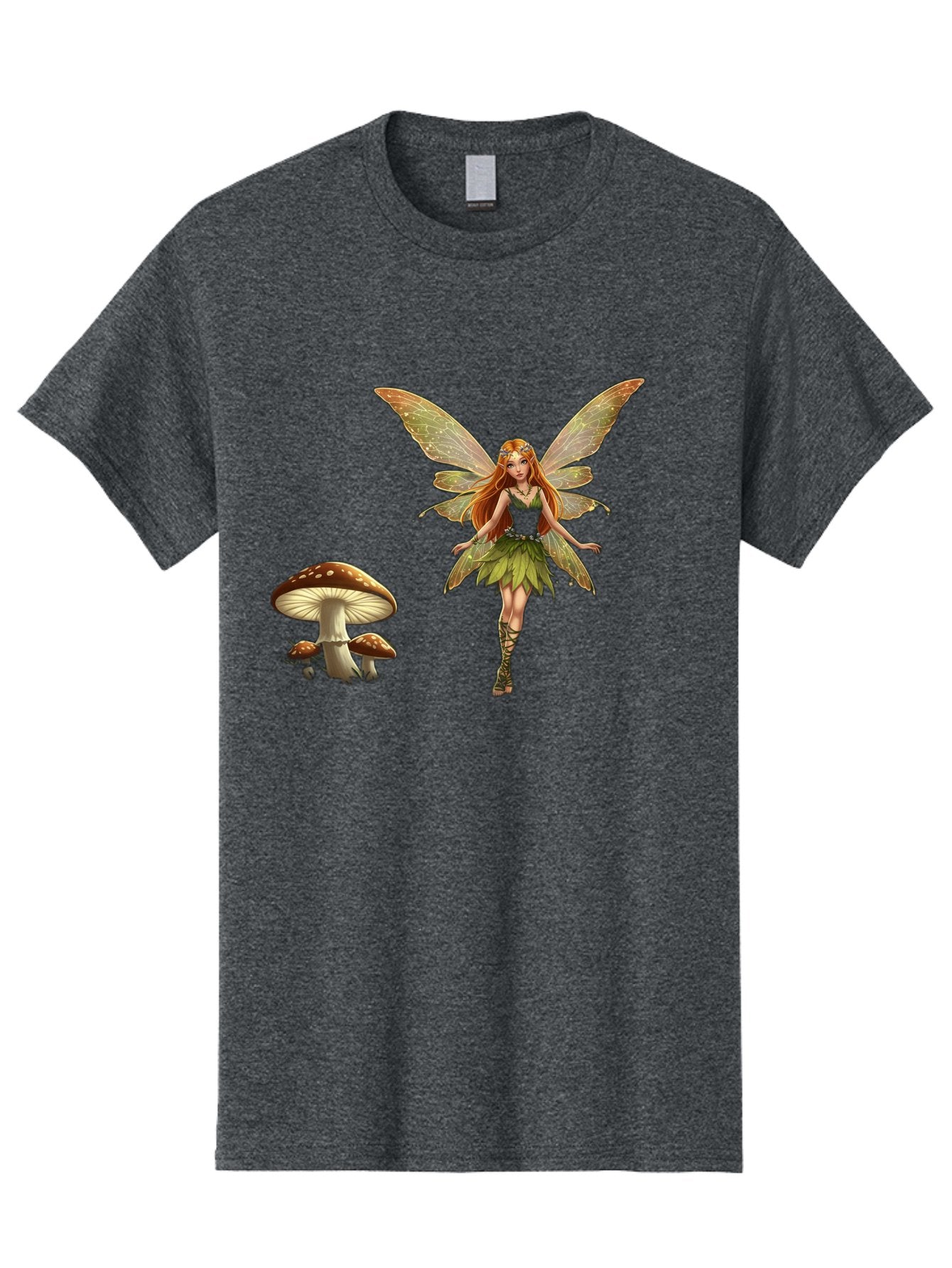 Fairy-With-Mushrooms Men'S Graphic Tee, 100% Cotton, Comfortable Casual Summer Wear, Machine Washable, Fairy With Wings, Green Dress, Red Hair, Mushrooms, Fantasy Creature, Mythical Being, Magical, Mystical, Whimsical, Enchanting Bab895