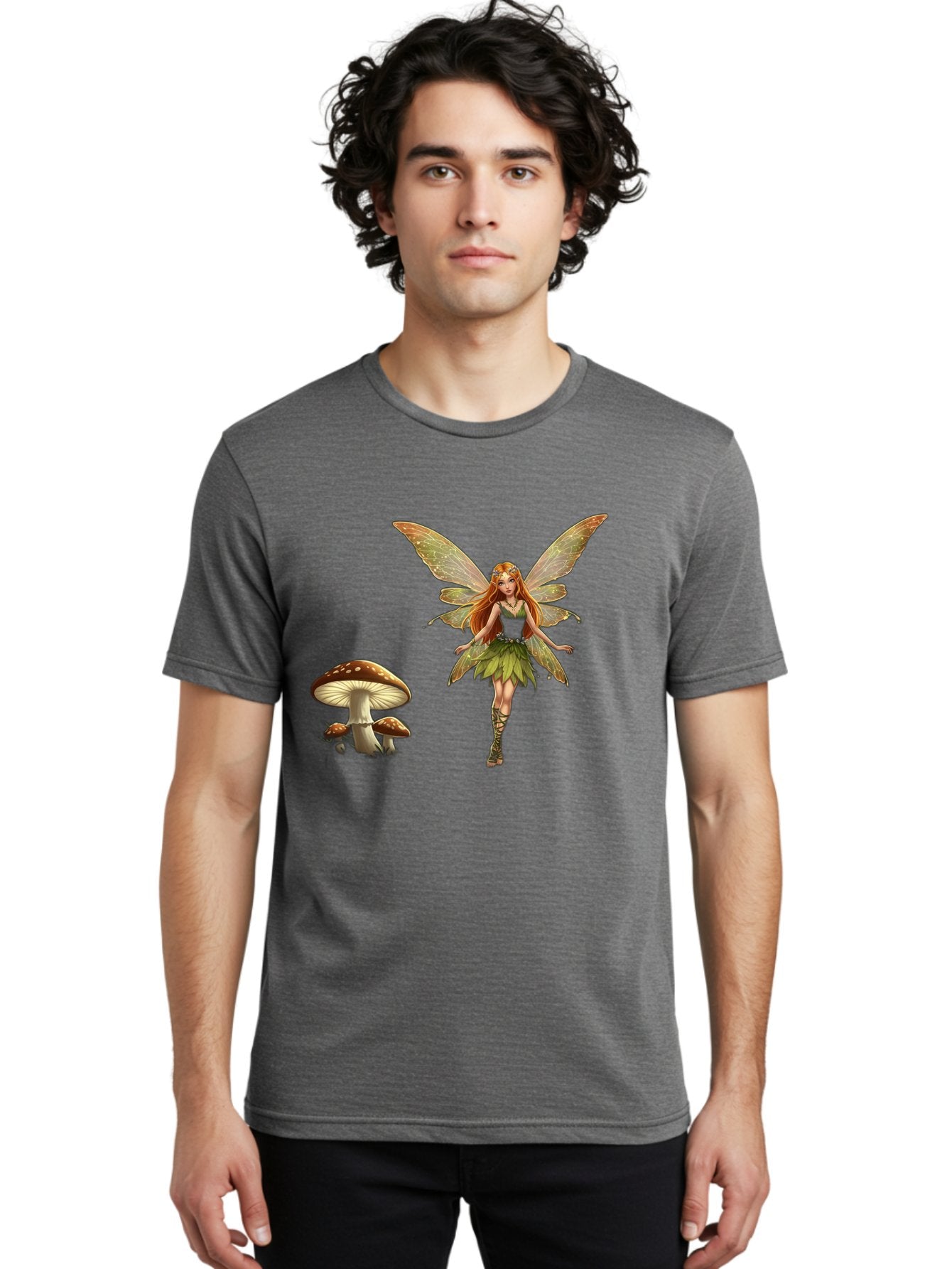 Fairy-With-Mushrooms Men'S Graphic Tee, 100% Cotton, Comfortable Casual Summer Wear, Machine Washable, Fairy With Wings, Green Dress, Red Hair, Mushrooms, Fantasy Creature, Mythical Being, Magical, Mystical, Whimsical, Enchanting Bab895 26