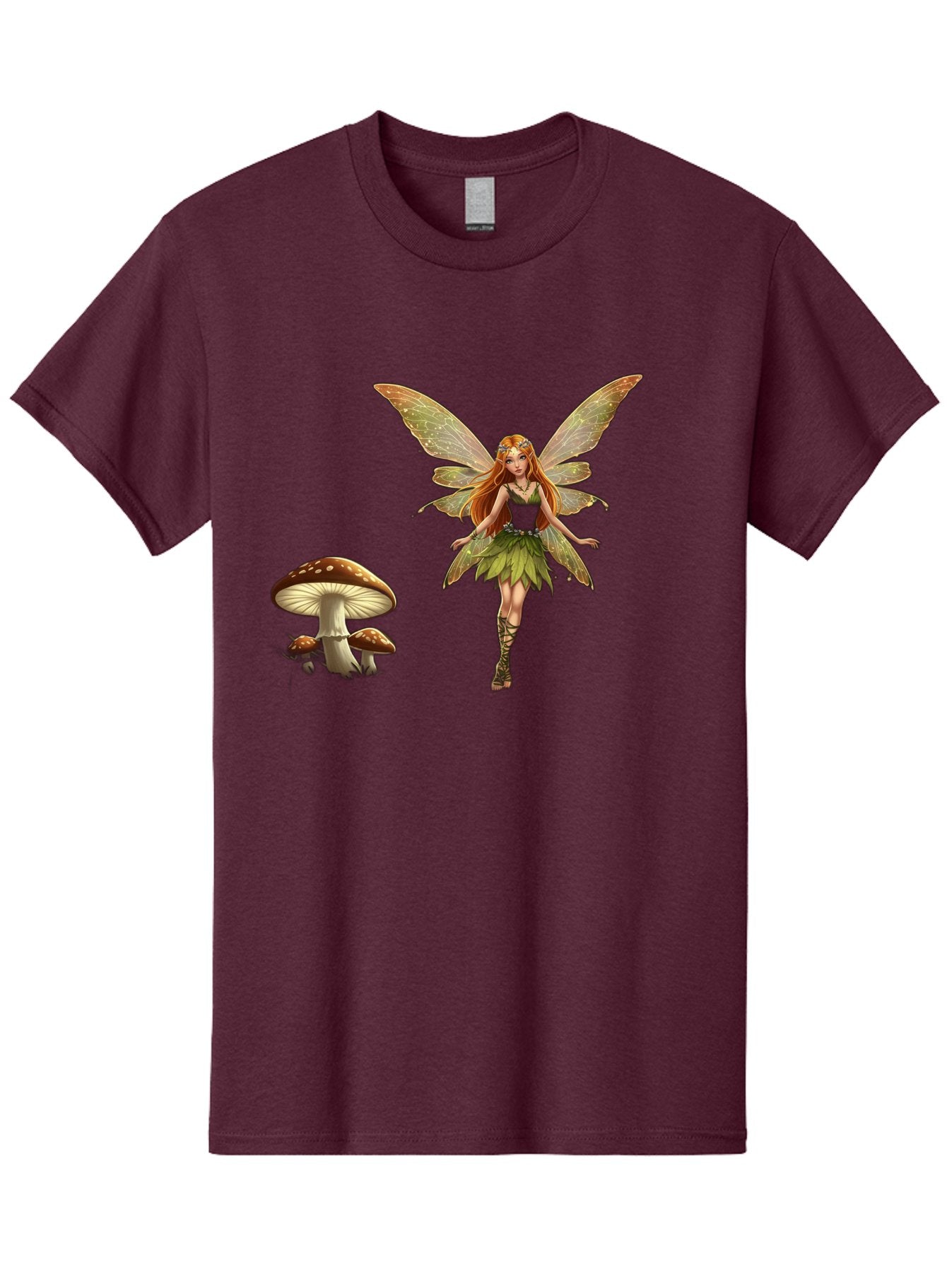 Fairy-With-Mushrooms Men'S Graphic Tee, 100% Cotton, Comfortable Casual Summer Wear, Machine Washable, Fairy With Wings, Green Dress, Red Hair, Mushrooms, Fantasy Creature, Mythical Being, Magical, Mystical, Whimsical, Enchanting Bab895 10