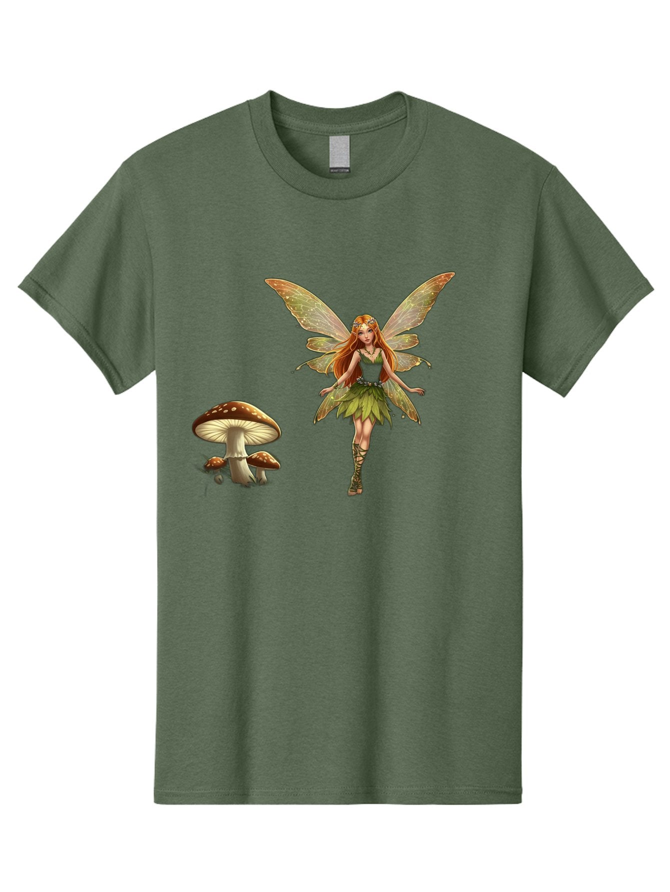 Fairy-With-Mushrooms Men'S Graphic Tee, 100% Cotton, Comfortable Casual Summer Wear, Machine Washable, Fairy With Wings, Green Dress, Red Hair, Mushrooms, Fantasy Creature, Mythical Being, Magical, Mystical, Whimsical, Enchanting Bab895 11