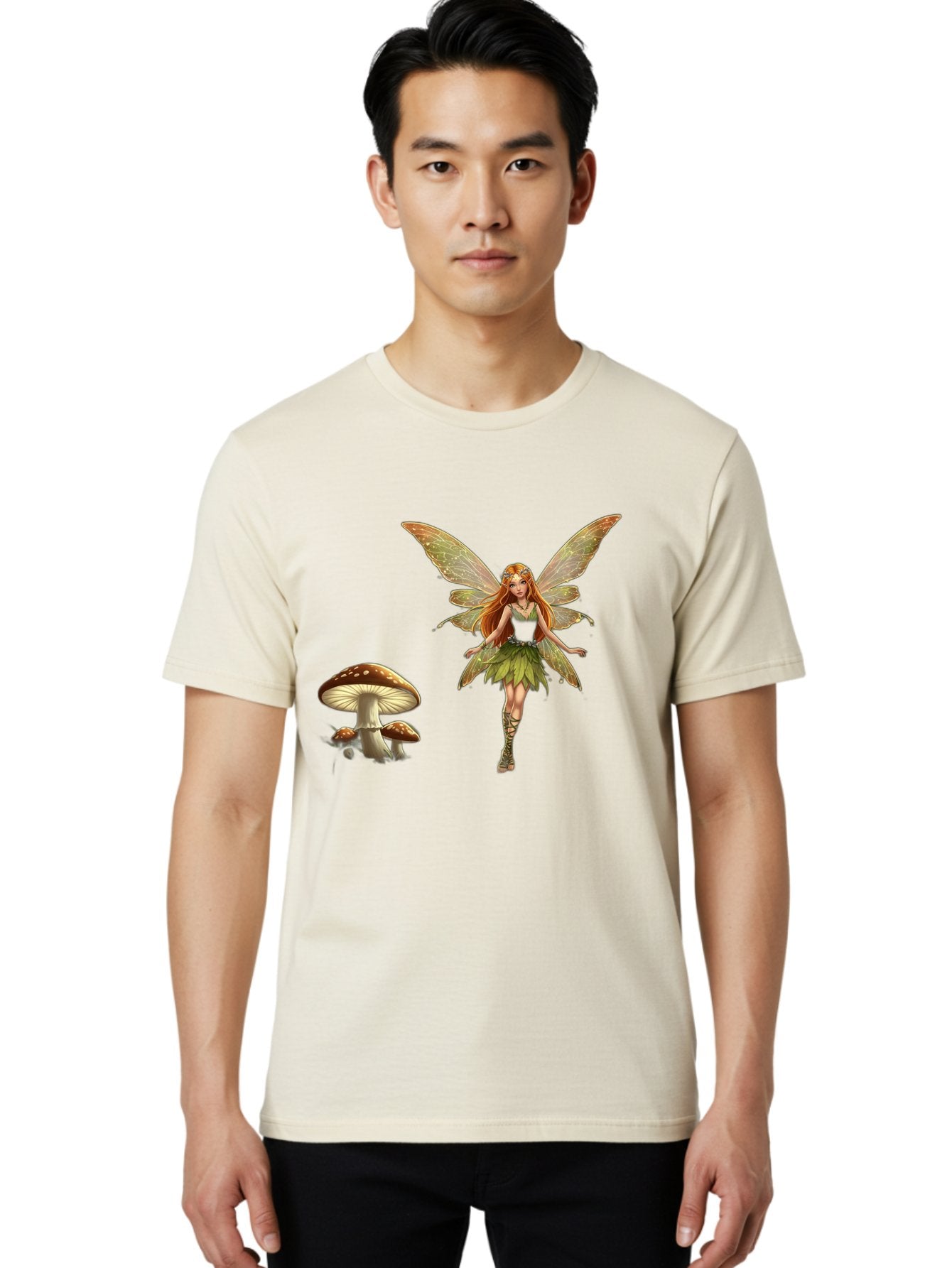 Fairy-With-Mushrooms Men'S Graphic Tee, 100% Cotton, Comfortable Casual Summer Wear, Machine Washable, Fairy With Wings, Green Dress, Red Hair, Mushrooms, Fantasy Creature, Mythical Being, Magical, Mystical, Whimsical, Enchanting Bab895 24