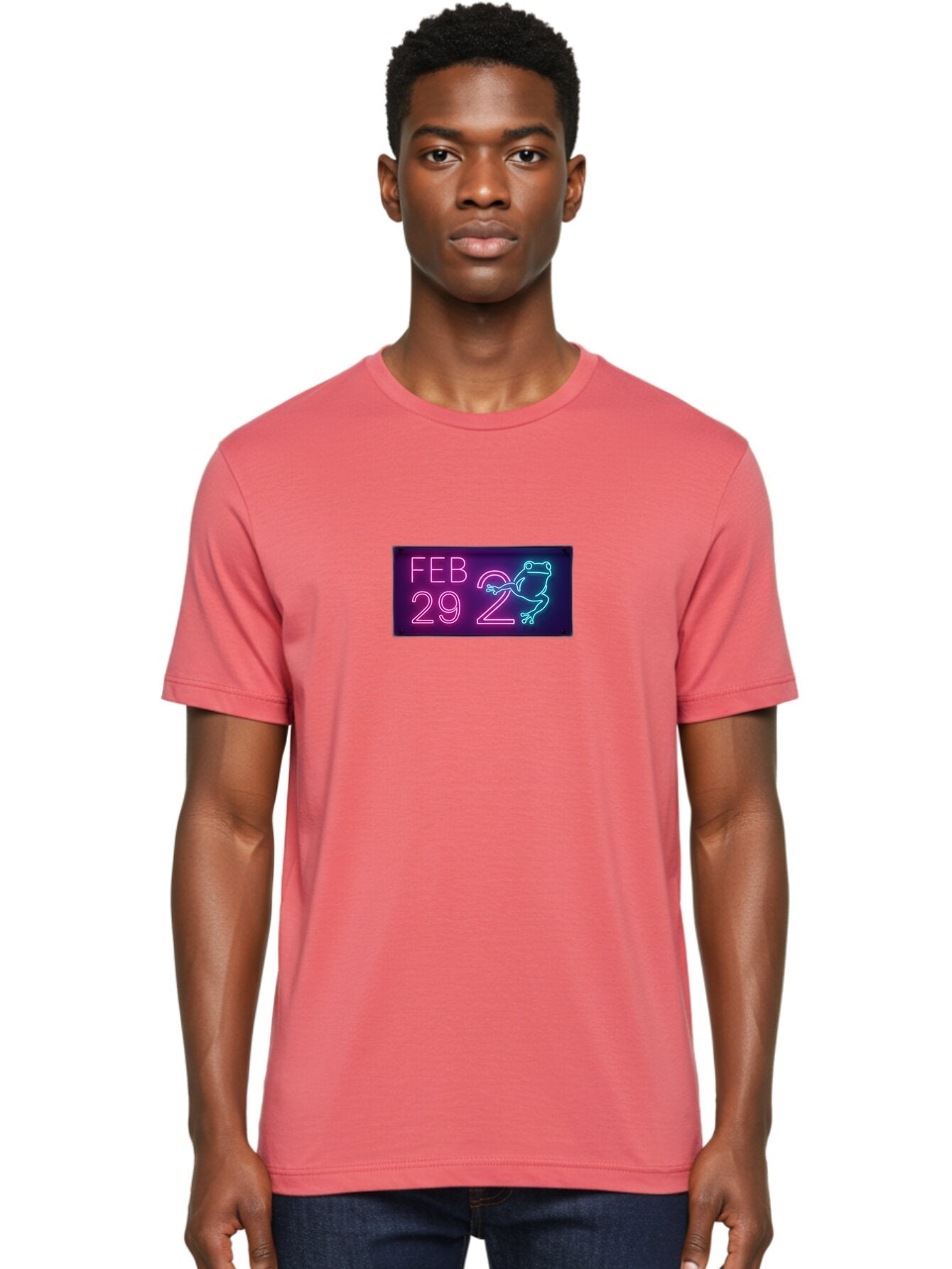 Feb-29-2 Men'S Graphic Tee, 100% Cotton, Comfortable Casual Summer Wear, Machine Washable, Leap Day, February 29, Neon Sign, Pink And Blue Neon, Frog Illustration, Unique Date, Quirky Design, Purple Background Bab897 30