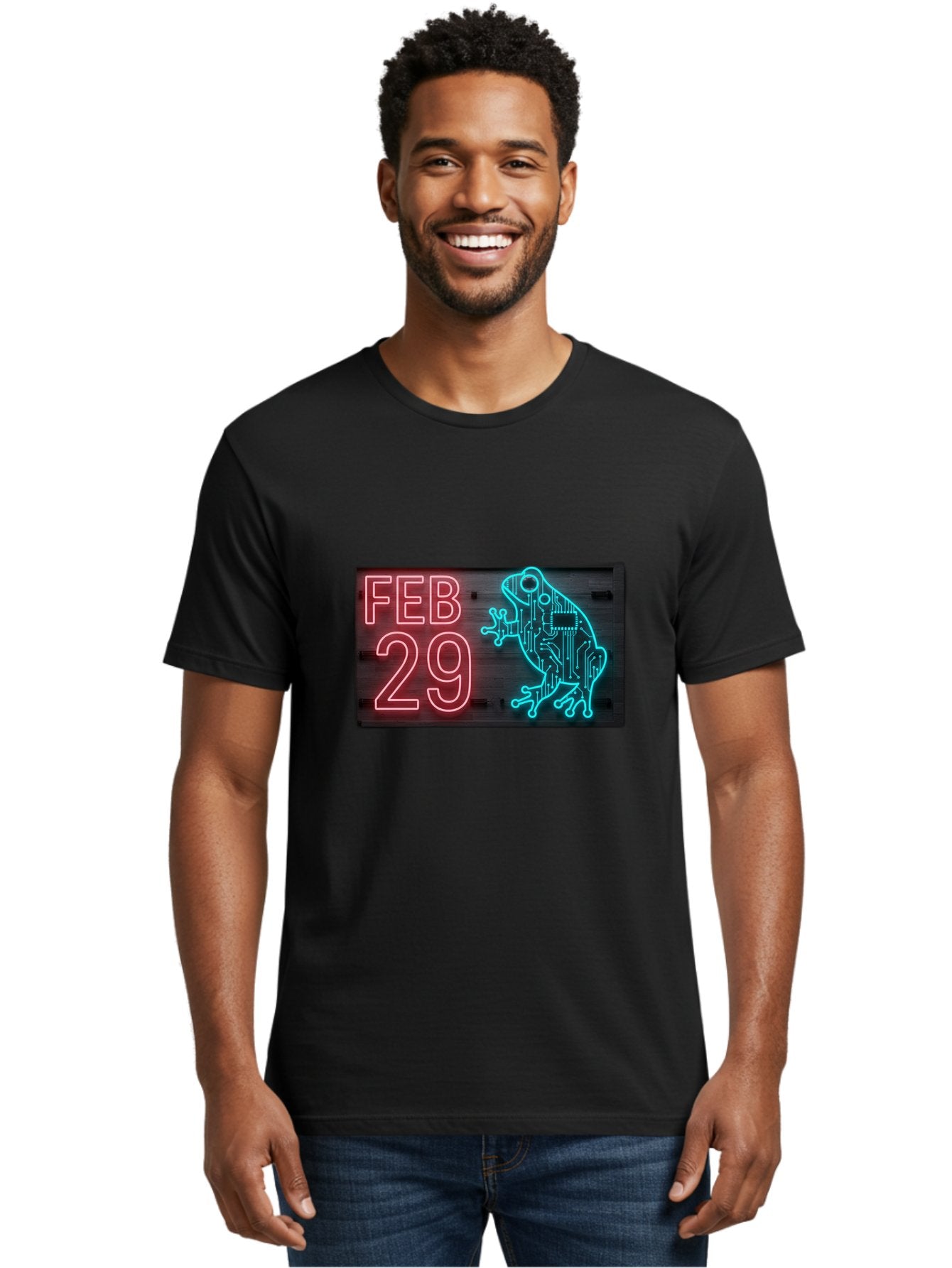Feb-29-3 Men'S Graphic Tee, 100% Cotton, Comfortable Casual Summer Wear, Machine Washable, Neon Sign, Cyberpunk Frog, Futuristic Design, February 29, Robotic Amphibian, Tech-Inspired Art, Futuristic Creature, Circuit Frog, Glowing Neon, Bab898 21
