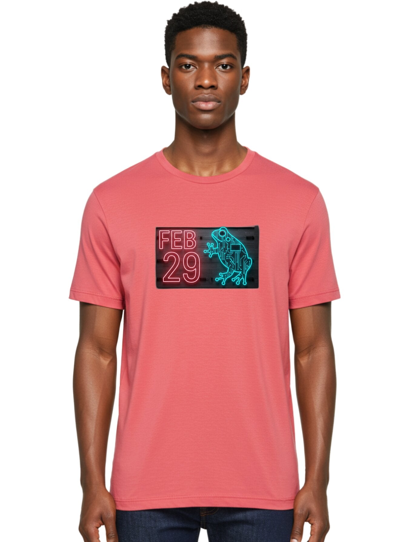 Feb-29-3 Men'S Graphic Tee, 100% Cotton, Comfortable Casual Summer Wear, Machine Washable, Neon Sign, Cyberpunk Frog, Futuristic Design, February 29, Robotic Amphibian, Tech-Inspired Art, Futuristic Creature, Circuit Frog, Glowing Neon, Bab898 27