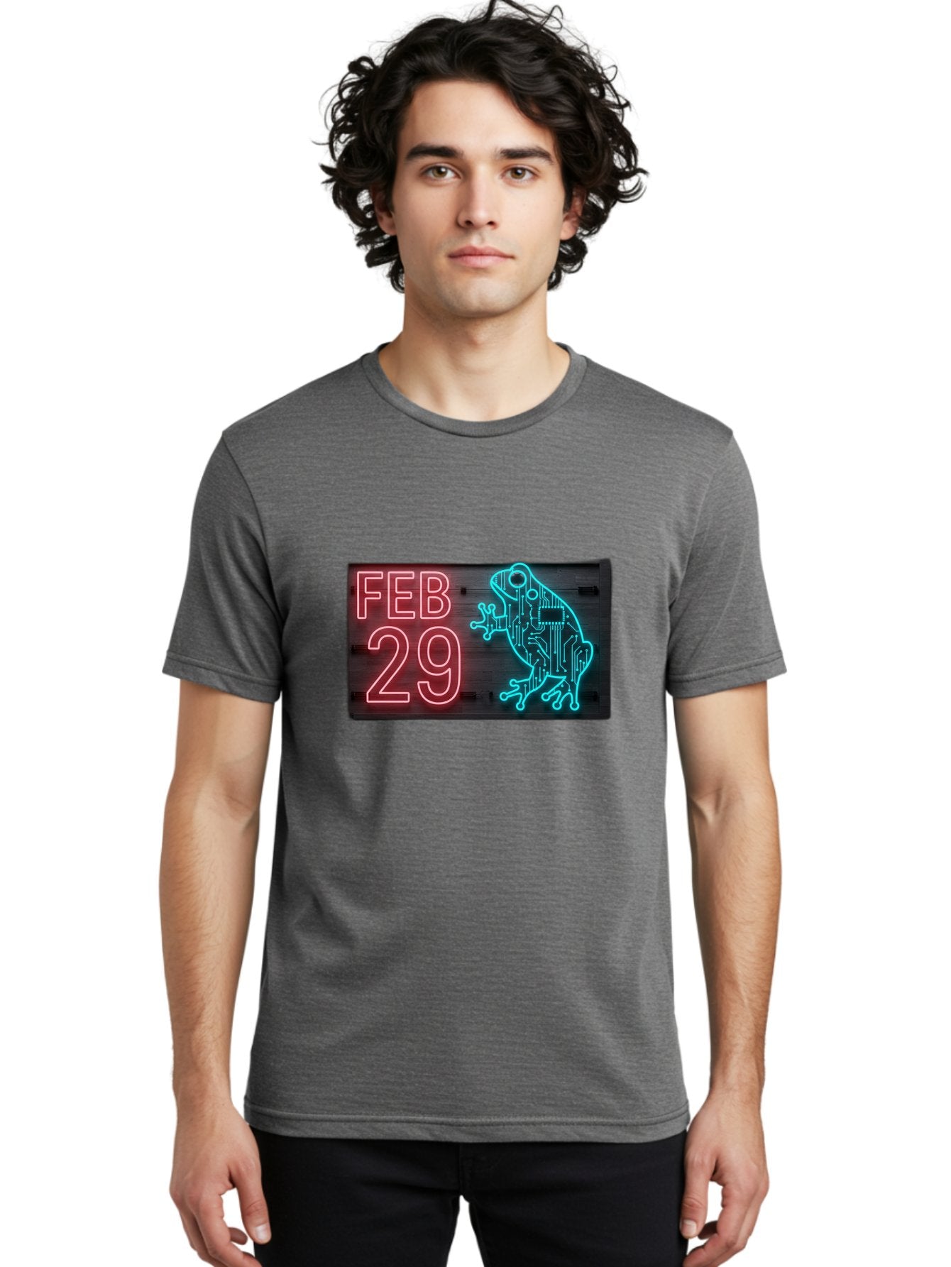 Feb-29-3 Men'S Graphic Tee, 100% Cotton, Comfortable Casual Summer Wear, Machine Washable, Neon Sign, Cyberpunk Frog, Futuristic Design, February 29, Robotic Amphibian, Tech-Inspired Art, Futuristic Creature, Circuit Frog, Glowing Neon, Bab898 30