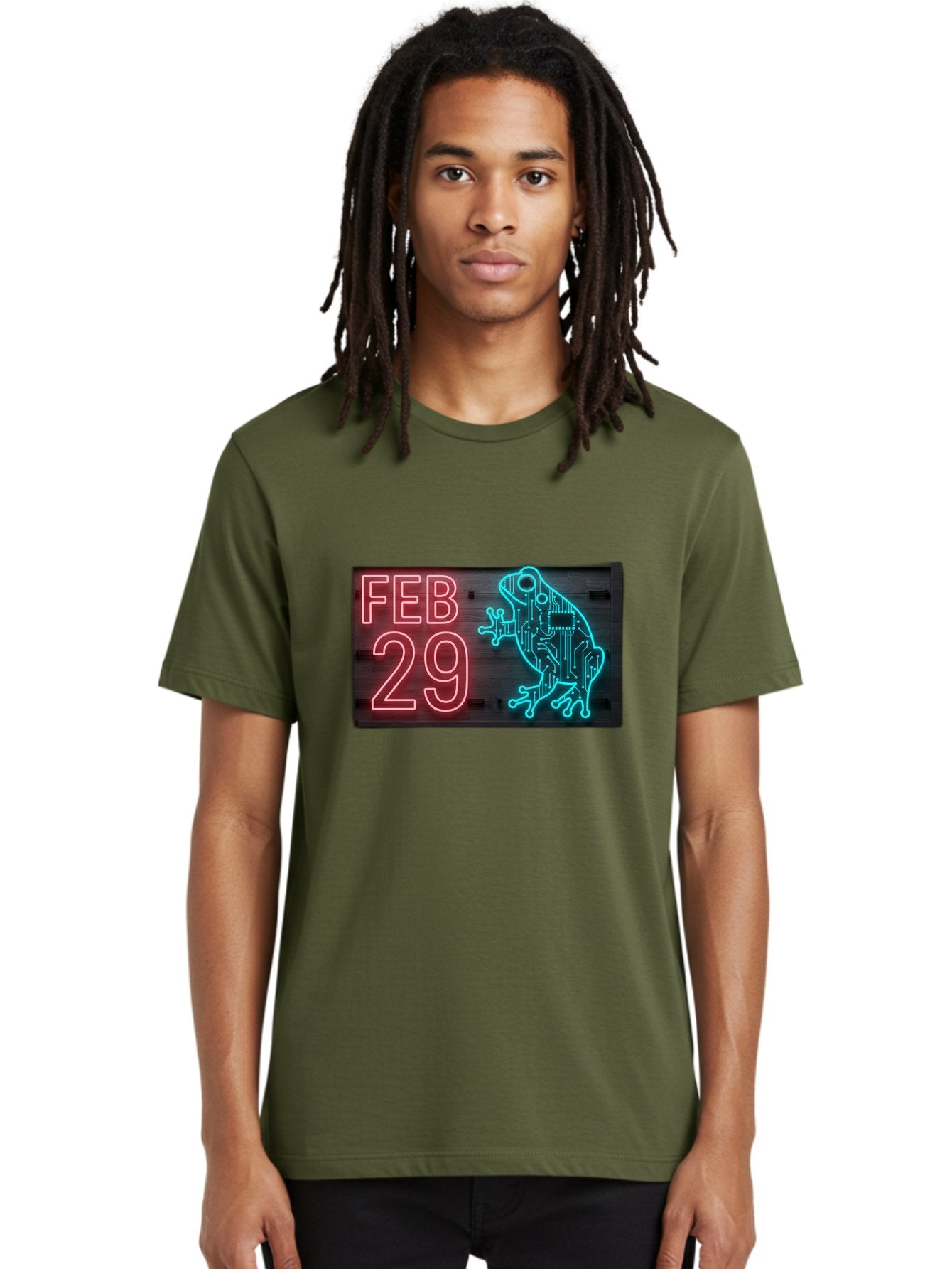 Feb-29-3 Men'S Graphic Tee, 100% Cotton, Comfortable Casual Summer Wear, Machine Washable, Neon Sign, Cyberpunk Frog, Futuristic Design, February 29, Robotic Amphibian, Tech-Inspired Art, Futuristic Creature, Circuit Frog, Glowing Neon, Bab898 22