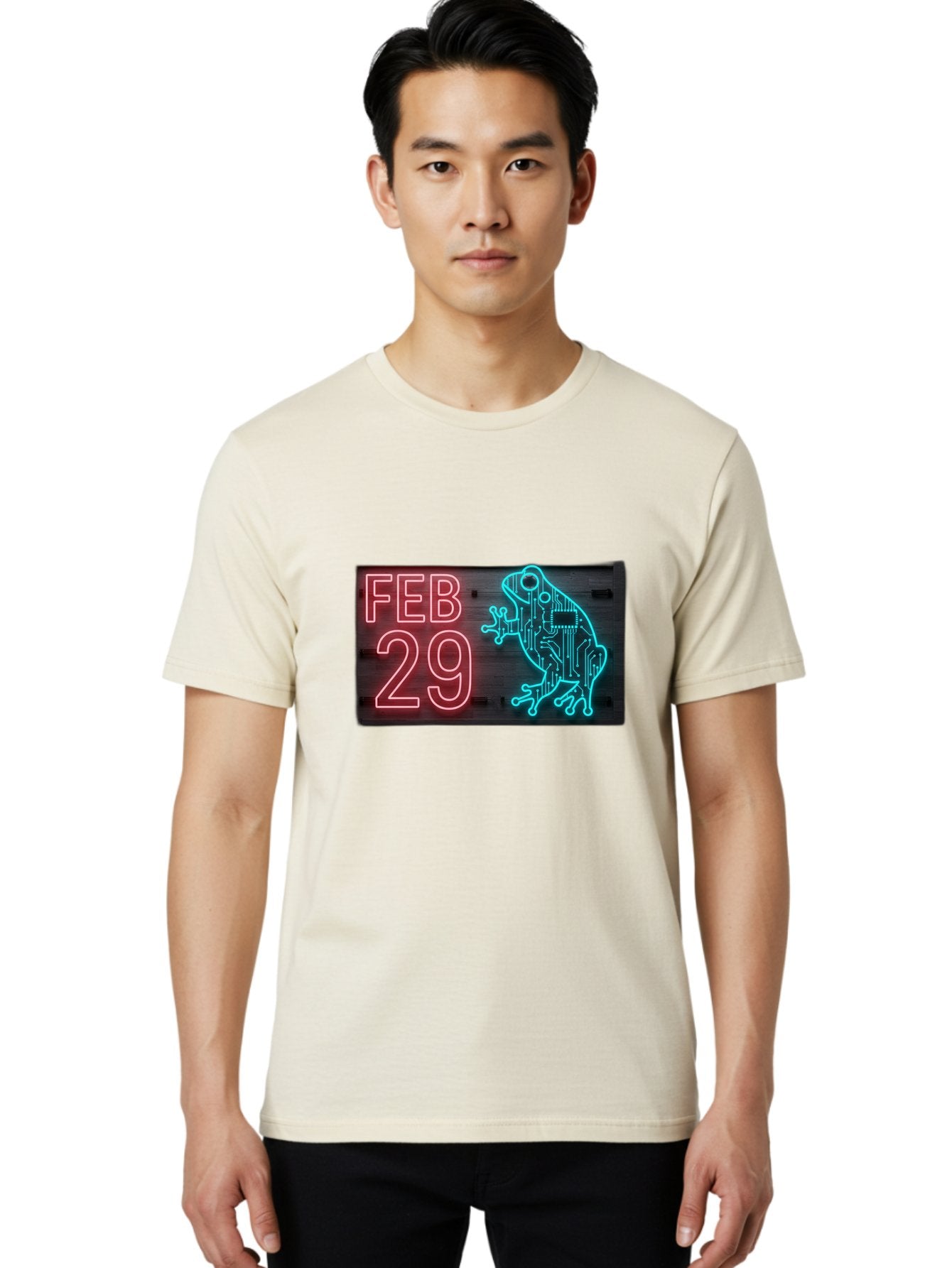 Feb-29-3 Men'S Graphic Tee, 100% Cotton, Comfortable Casual Summer Wear, Machine Washable, Neon Sign, Cyberpunk Frog, Futuristic Design, February 29, Robotic Amphibian, Tech-Inspired Art, Futuristic Creature, Circuit Frog, Glowing Neon, Bab898 25