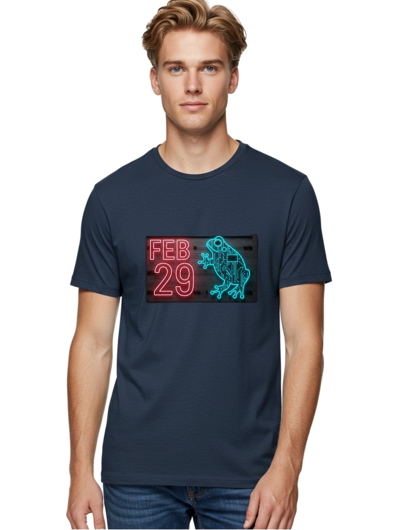 Feb-29-3 Men'S Graphic Tee, 100% Cotton, Comfortable Casual Summer Wear, Machine Washable, Neon Sign, Cyberpunk Frog, Futuristic Design, February 29, Robotic Amphibian, Tech-Inspired Art, Futuristic Creature, Circuit Frog, Glowing Neon, Bab898 28