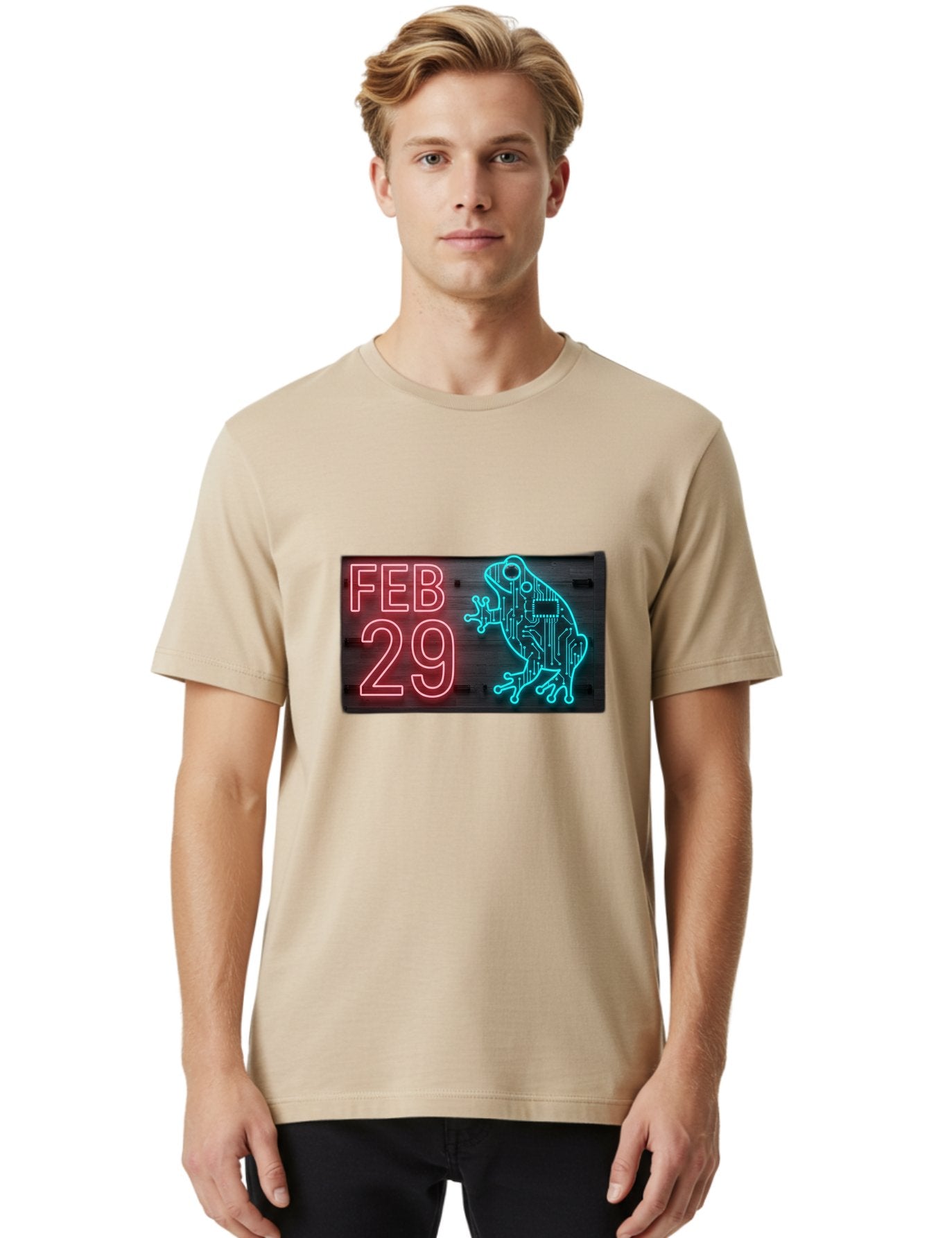 Feb-29-3 Men'S Graphic Tee, 100% Cotton, Comfortable Casual Summer Wear, Machine Washable, Neon Sign, Cyberpunk Frog, Futuristic Design, February 29, Robotic Amphibian, Tech-Inspired Art, Futuristic Creature, Circuit Frog, Glowing Neon, Bab898 16