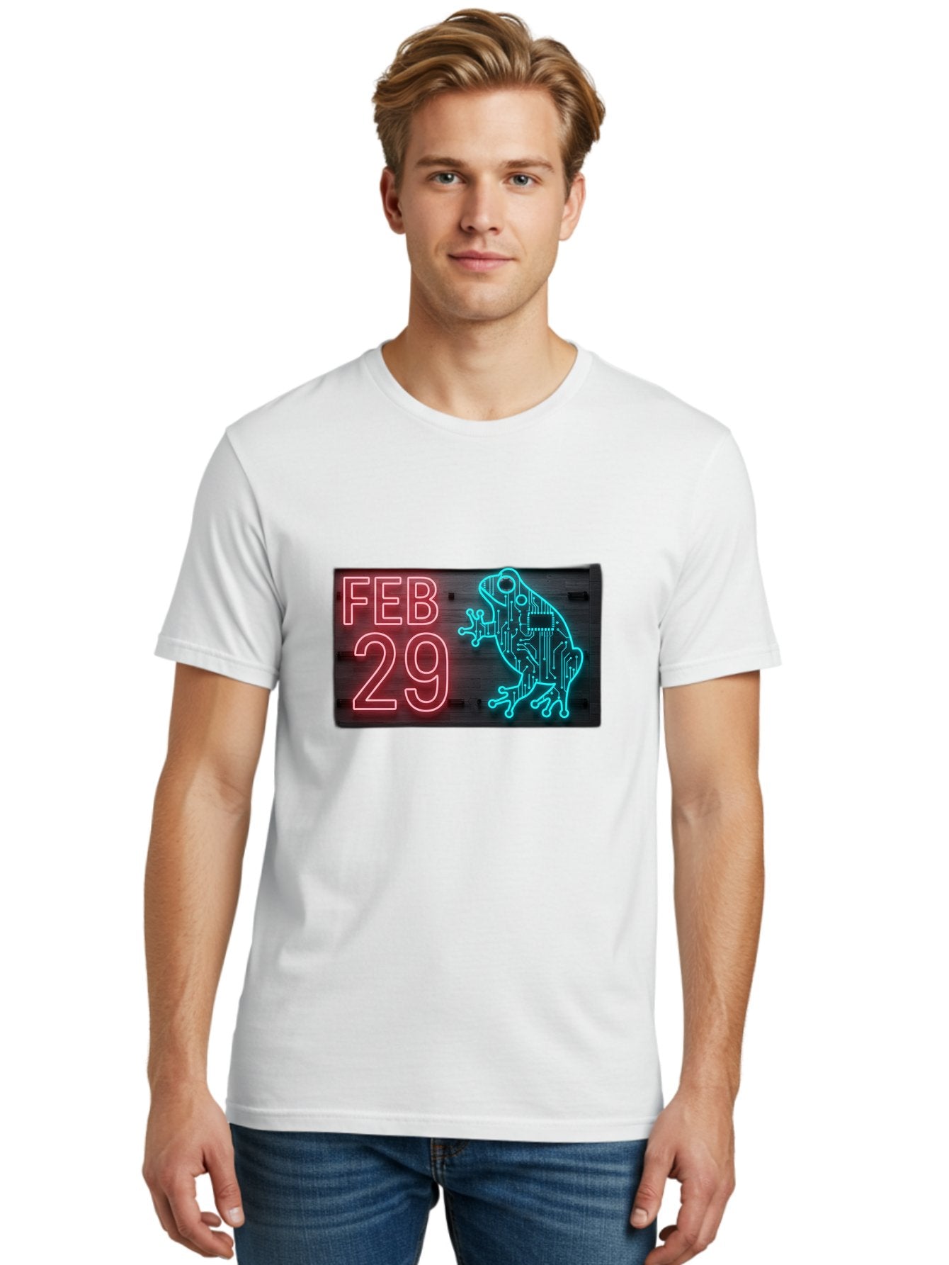 Feb-29-3 Men'S Graphic Tee, 100% Cotton, Comfortable Casual Summer Wear, Machine Washable, Neon Sign, Cyberpunk Frog, Futuristic Design, February 29, Robotic Amphibian, Tech-Inspired Art, Futuristic Creature, Circuit Frog, Glowing Neon, Bab898 24