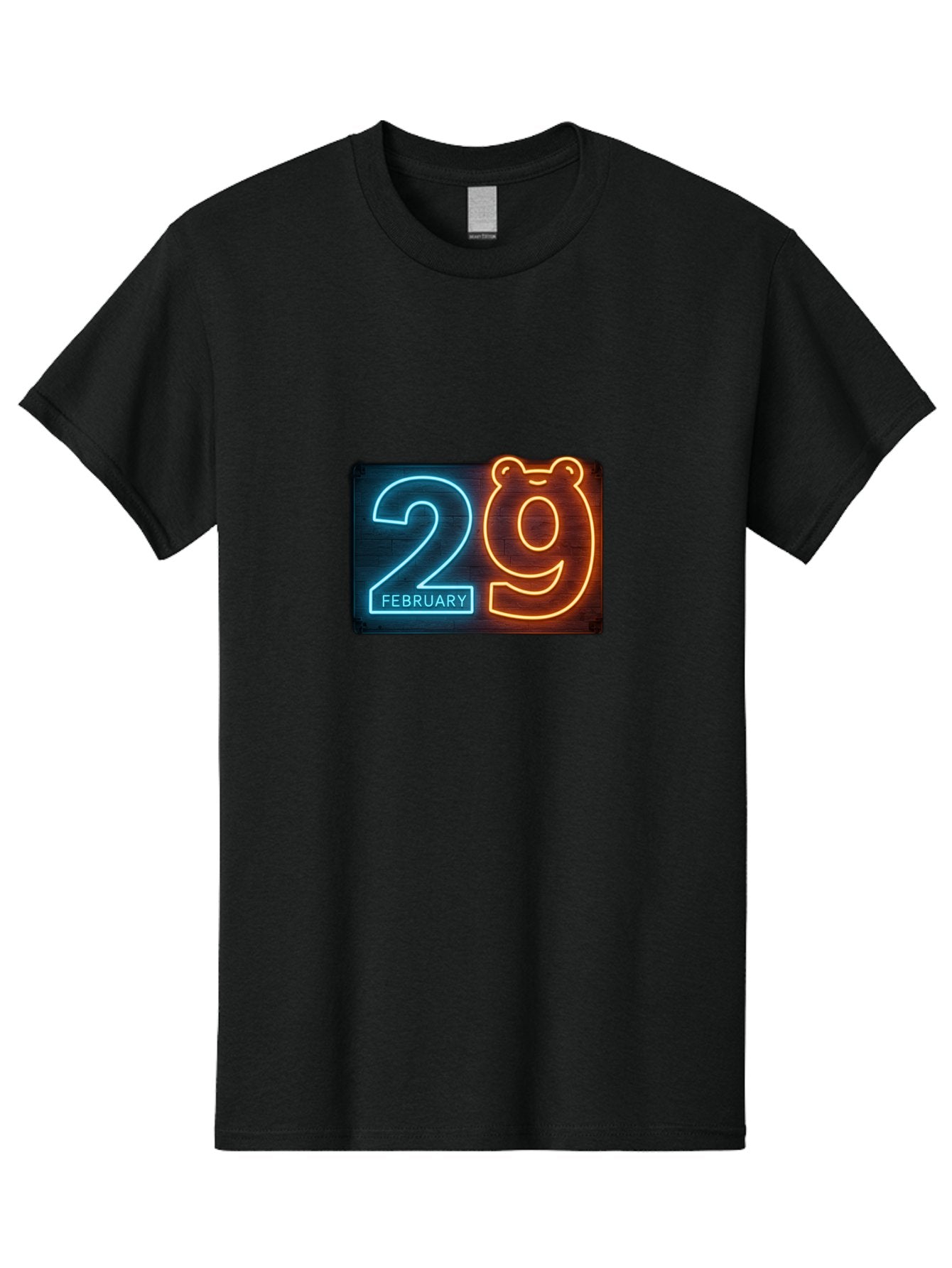 February-29 Men'S Graphic Tee, 100% Cotton, Comfortable Casual Summer Wear, Machine Washable, Leap Day, February 29, Neon Sign, Blue And Orange Glow, Bear Face, Unique Date, Calendar Event, Special Occasion, Retro Style, Glowing Numbers Bab901 15