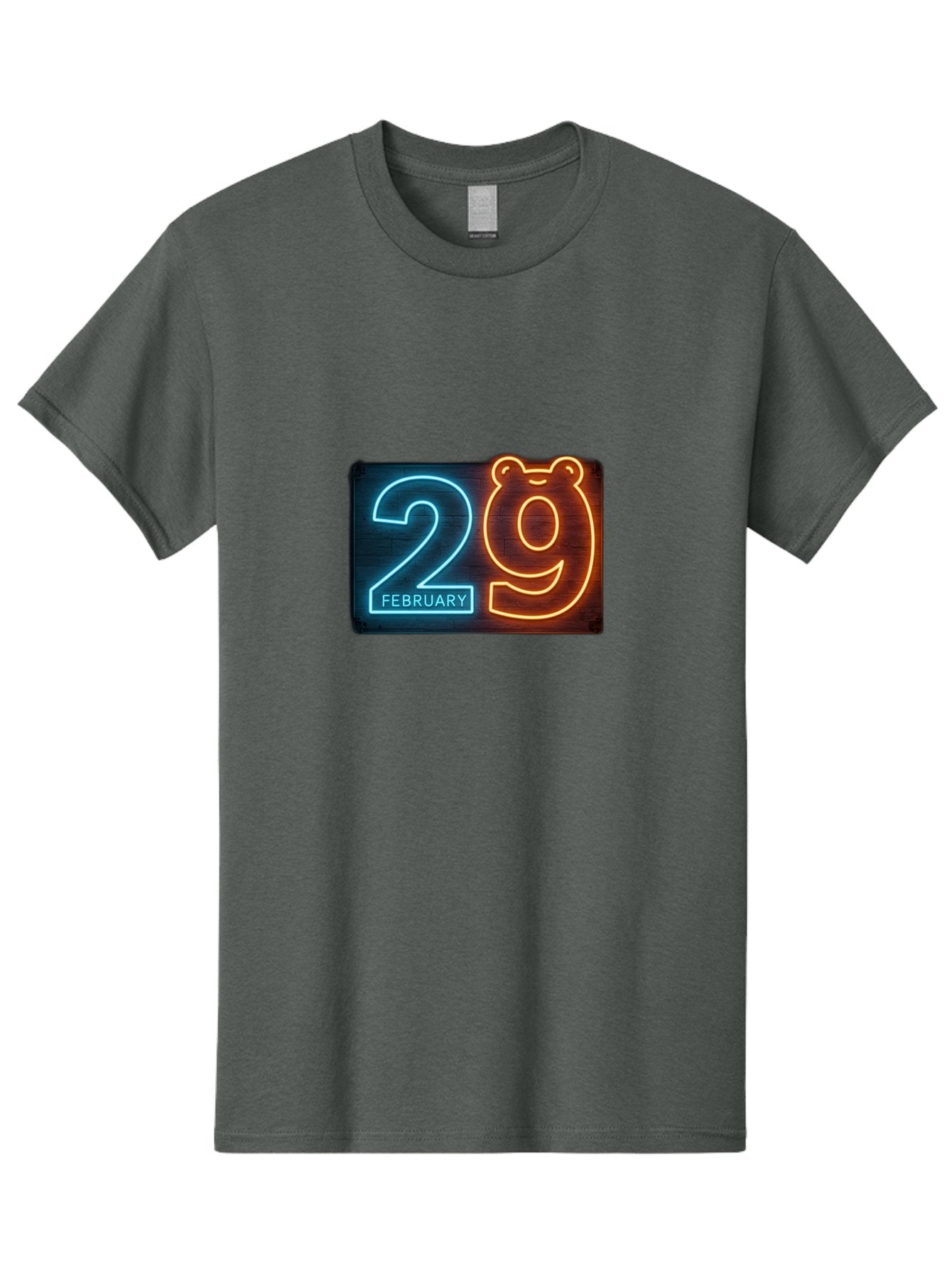 February-29 Men'S Graphic Tee, 100% Cotton, Comfortable Casual Summer Wear, Machine Washable, Leap Day, February 29, Neon Sign, Blue And Orange Glow, Bear Face, Unique Date, Calendar Event, Special Occasion, Retro Style, Glowing Numbers Bab901 5