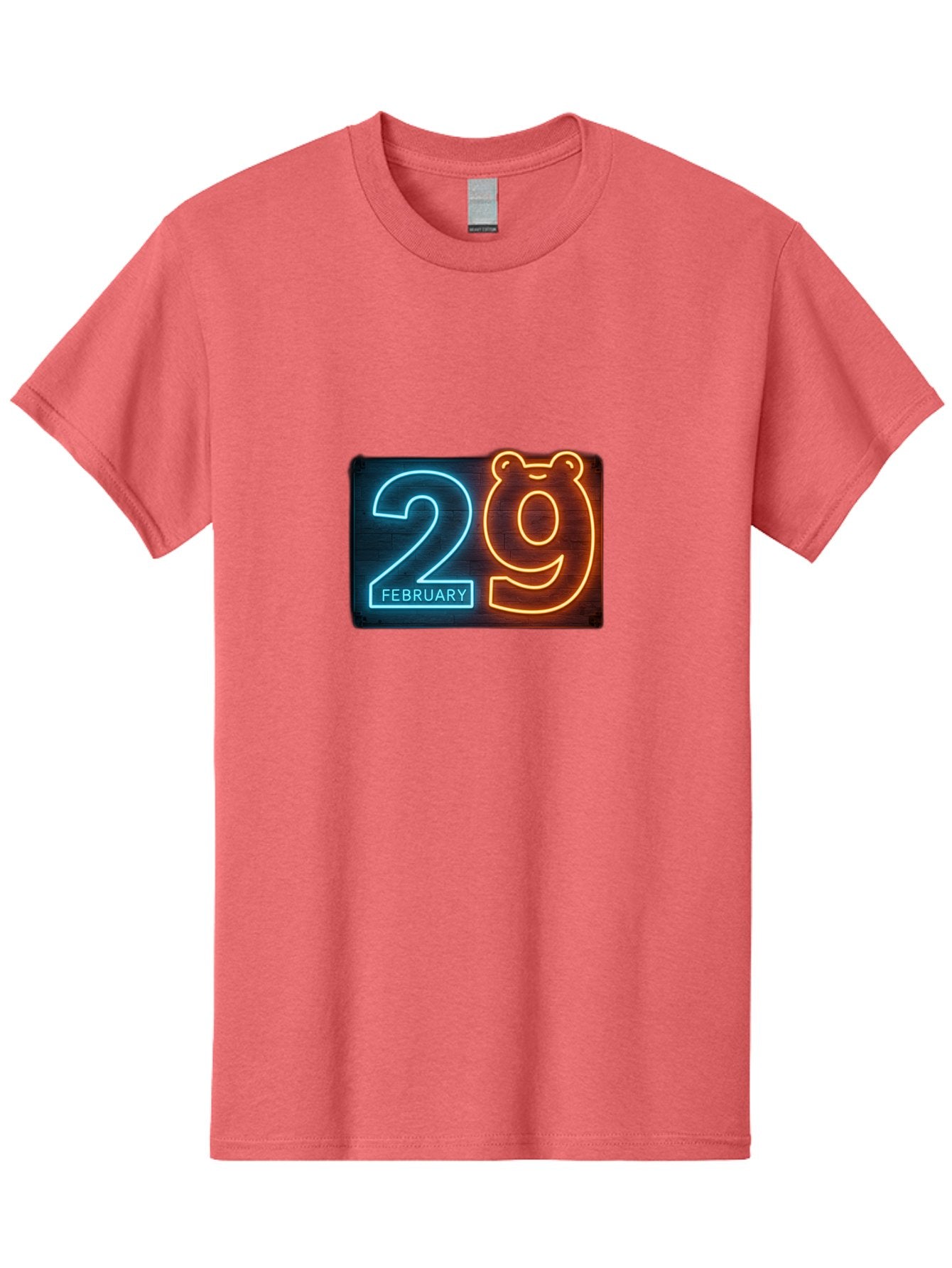 February-29 Men'S Graphic Tee, 100% Cotton, Comfortable Casual Summer Wear, Machine Washable, Leap Day, February 29, Neon Sign, Blue And Orange Glow, Bear Face, Unique Date, Calendar Event, Special Occasion, Retro Style, Glowing Numbers Bab901 11