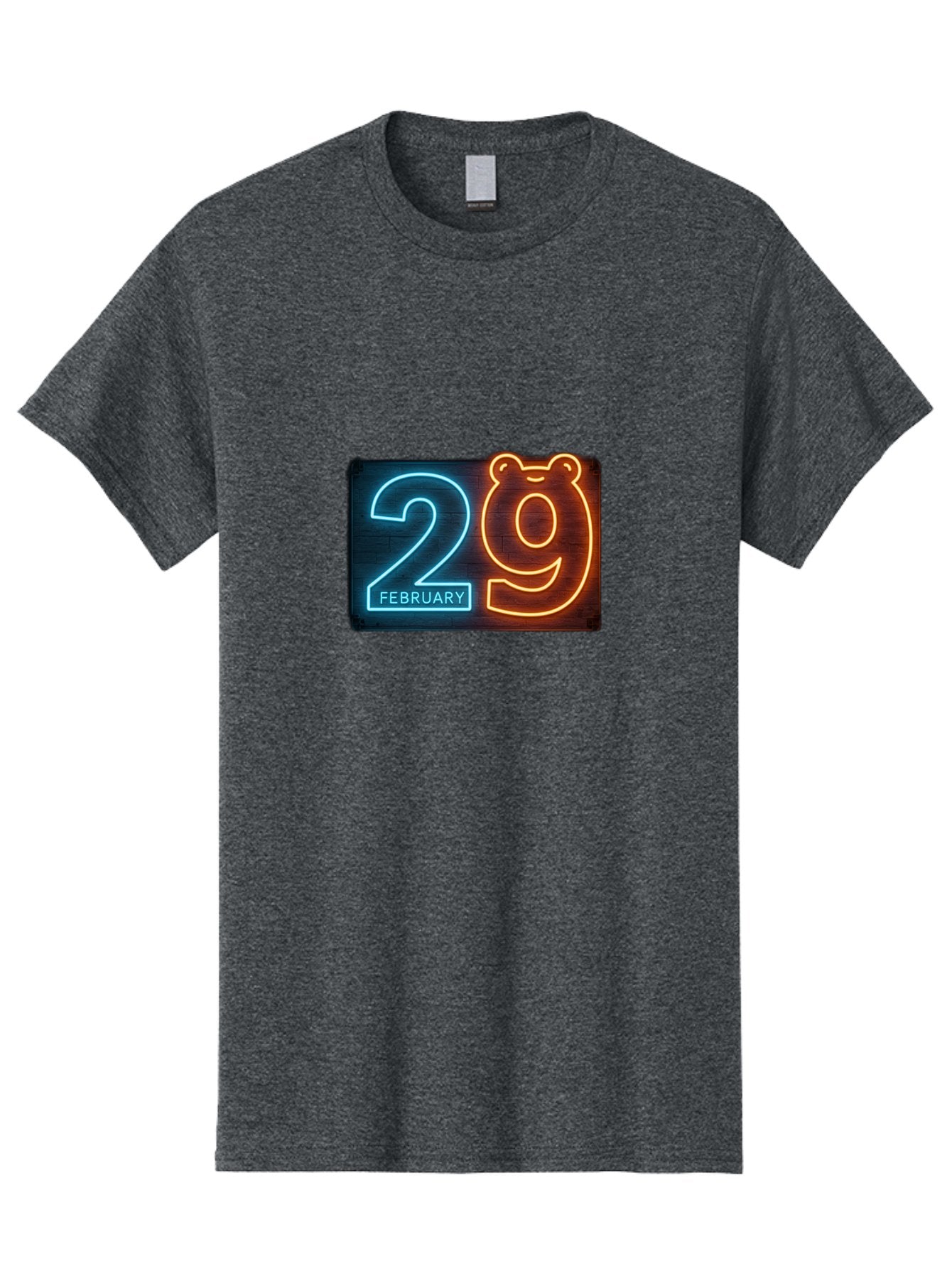 February-29 Men'S Graphic Tee, 100% Cotton, Comfortable Casual Summer Wear, Machine Washable, Leap Day, February 29, Neon Sign, Blue And Orange Glow, Bear Face, Unique Date, Calendar Event, Special Occasion, Retro Style, Glowing Numbers Bab901 7