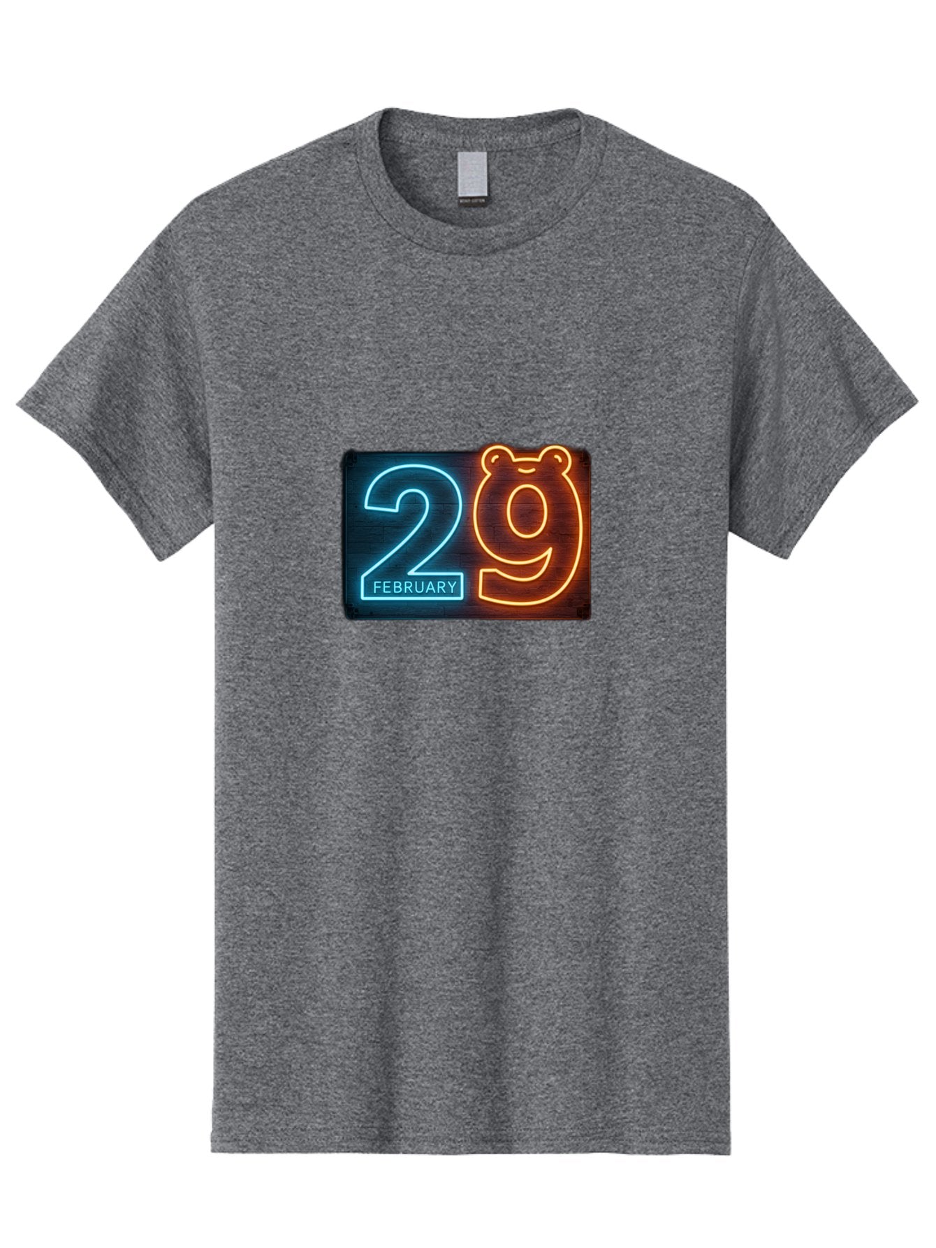 February-29 Men'S Graphic Tee, 100% Cotton, Comfortable Casual Summer Wear, Machine Washable, Leap Day, February 29, Neon Sign, Blue And Orange Glow, Bear Face, Unique Date, Calendar Event, Special Occasion, Retro Style, Glowing Numbers Bab901 4