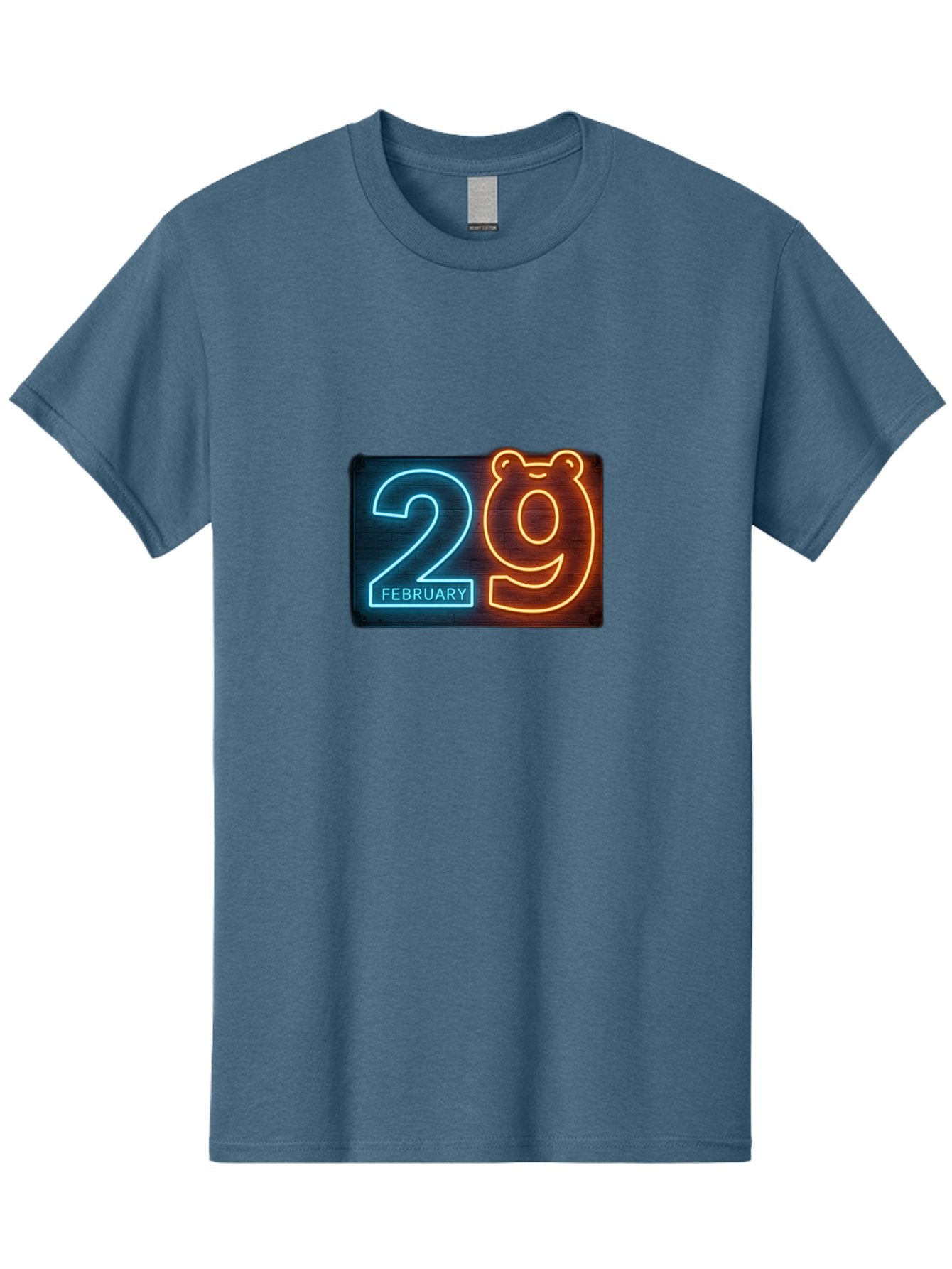 February-29 Men'S Graphic Tee, 100% Cotton, Comfortable Casual Summer Wear, Machine Washable, Leap Day, February 29, Neon Sign, Blue And Orange Glow, Bear Face, Unique Date, Calendar Event, Special Occasion, Retro Style, Glowing Numbers Bab901 3