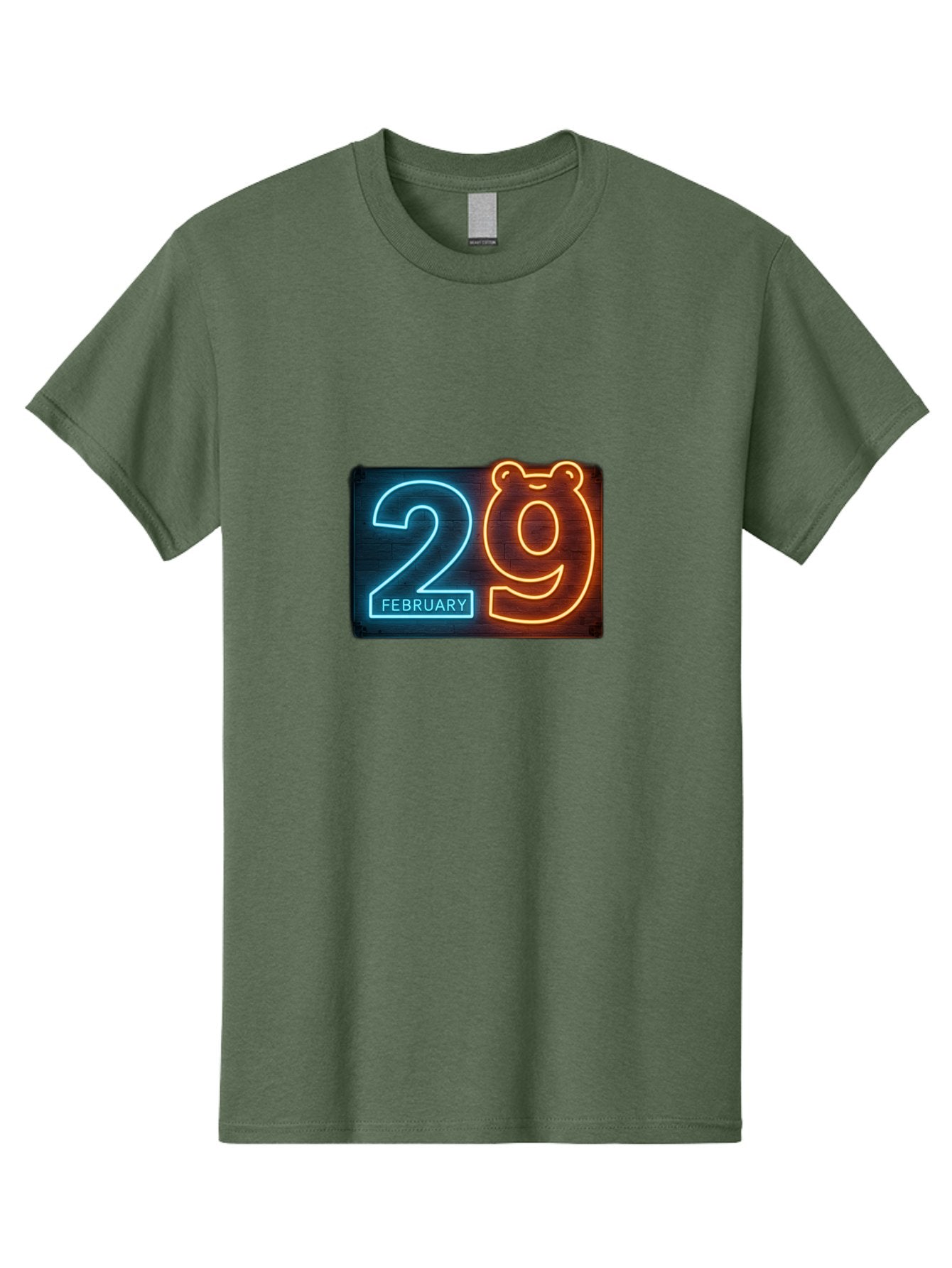 February-29 Men'S Graphic Tee, 100% Cotton, Comfortable Casual Summer Wear, Machine Washable, Leap Day, February 29, Neon Sign, Blue And Orange Glow, Bear Face, Unique Date, Calendar Event, Special Occasion, Retro Style, Glowing Numbers Bab901 10