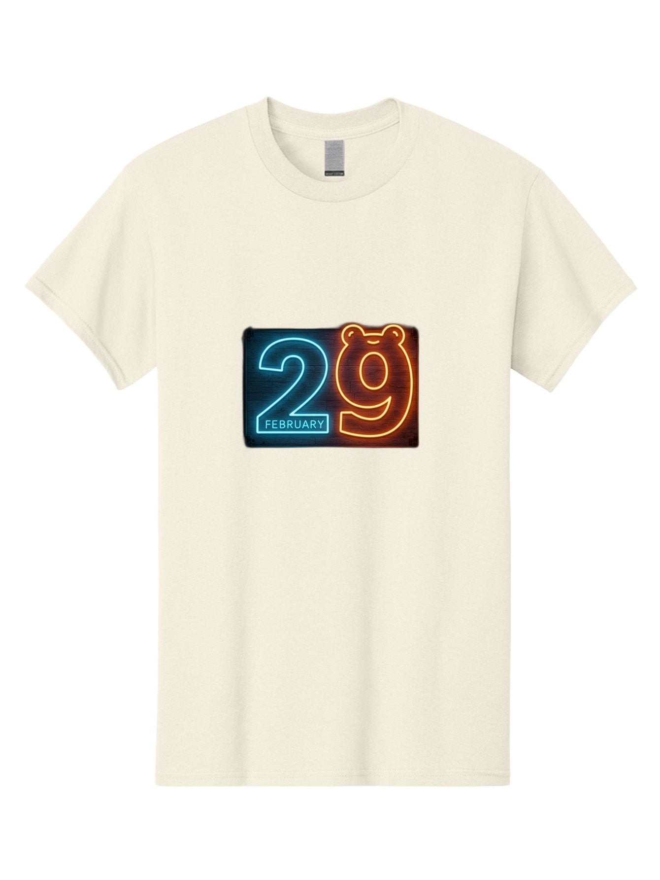February-29 Men'S Graphic Tee, 100% Cotton, Comfortable Casual Summer Wear, Machine Washable, Leap Day, February 29, Neon Sign, Blue And Orange Glow, Bear Face, Unique Date, Calendar Event, Special Occasion, Retro Style, Glowing Numbers Bab901 8