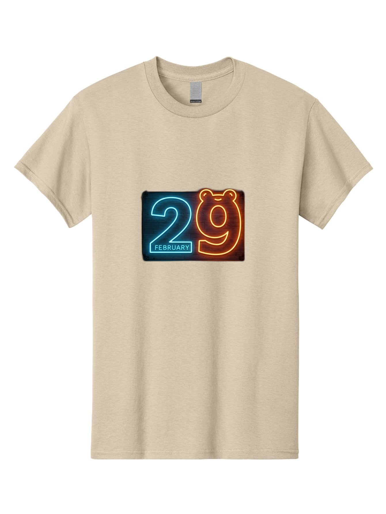 February-29 Men'S Graphic Tee, 100% Cotton, Comfortable Casual Summer Wear, Machine Washable, Leap Day, February 29, Neon Sign, Blue And Orange Glow, Bear Face, Unique Date, Calendar Event, Special Occasion, Retro Style, Glowing Numbers Bab901 6