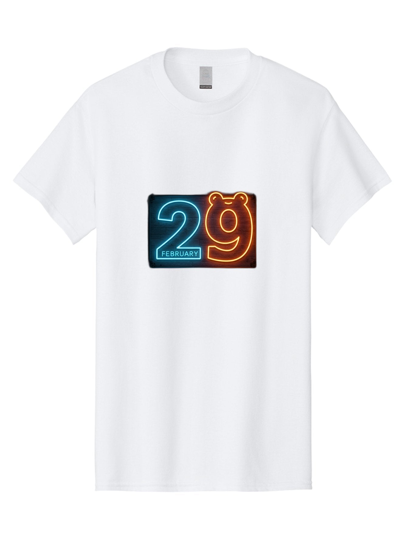 February-29 Men'S Graphic Tee, 100% Cotton, Comfortable Casual Summer Wear, Machine Washable, Leap Day, February 29, Neon Sign, Blue And Orange Glow, Bear Face, Unique Date, Calendar Event, Special Occasion, Retro Style, Glowing Numbers Bab901 12