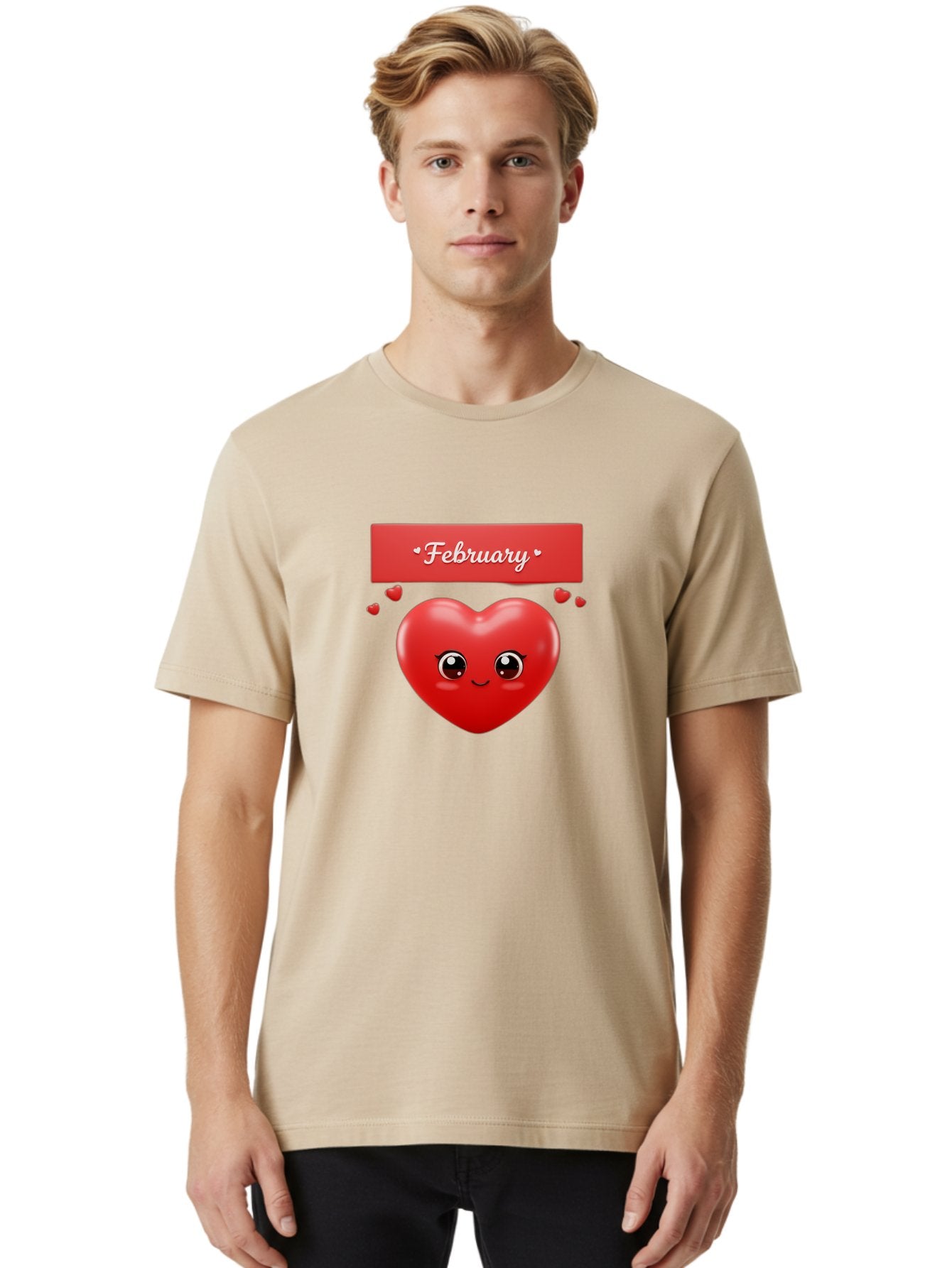 February Men'S Graphic Tee, 100% Cotton, Comfortable Casual Summer Wear, Machine Washable, Smiling Heart, Red Heart, Love Symbol, Valentines Day, Cute Cartoon Character, Heart Eyes, February Month, Sweetheart, February Love Bab902 16
