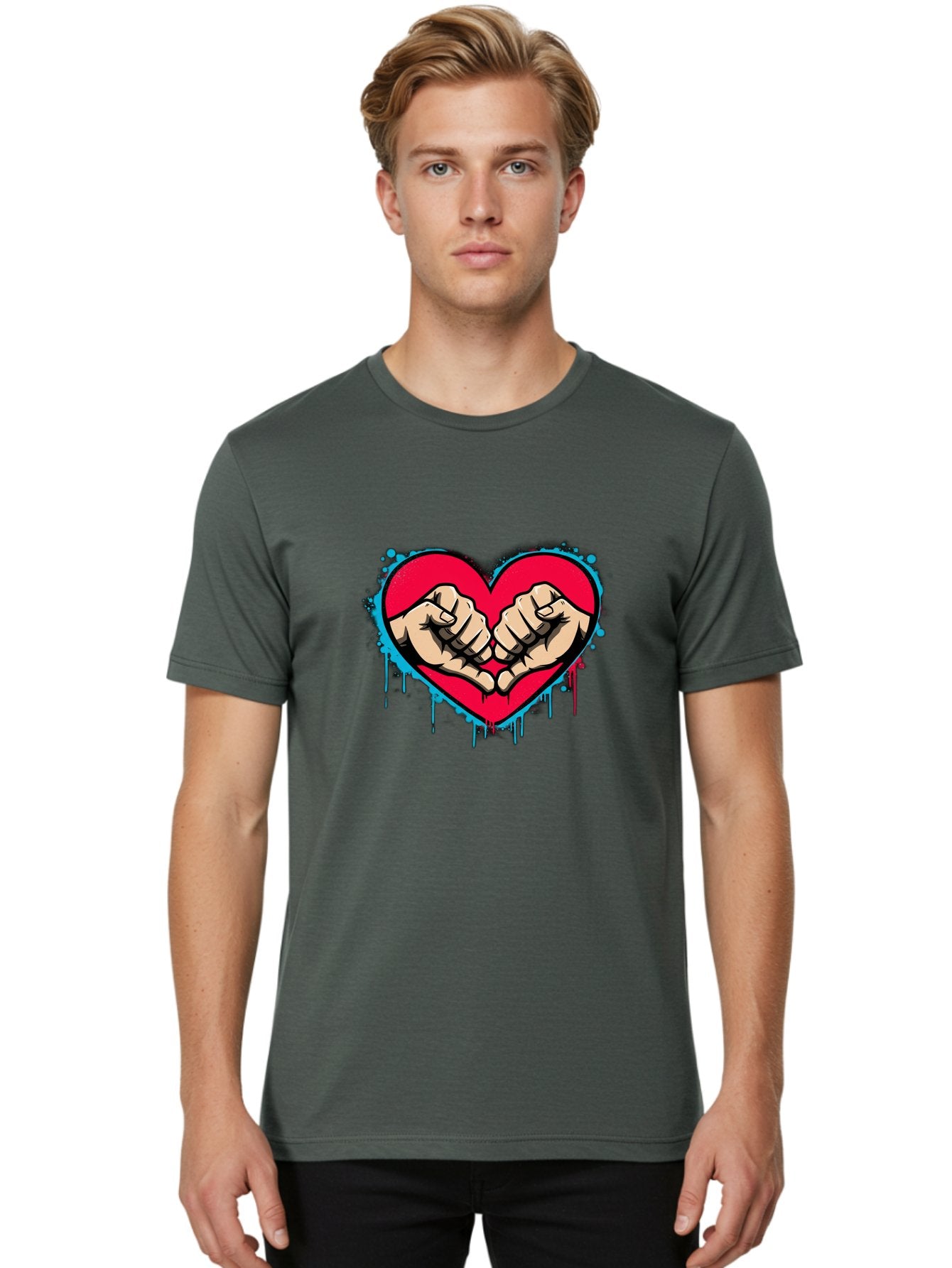 Fists-In-Heart-1 Men'S Graphic Tee, 100% Cotton, Comfortable Casual Summer Wear, Machine Washable, Heart Symbol, Fists Bumping, Cartoon Style, Love, Friendship, Unity, Red Heart, Graphic Design, Street Art, Urban Culture Bab904 25