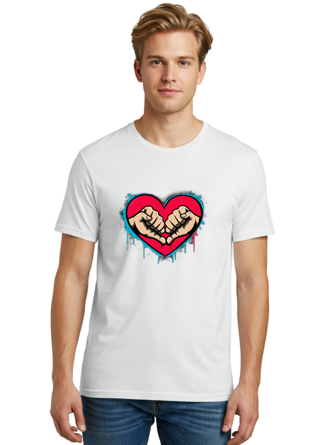 Fists-In-Heart-1 Men'S Graphic Tee, 100% Cotton, Comfortable Casual Summer Wear, Machine Washable, Heart Symbol, Fists Bumping, Cartoon Style, Love, Friendship, Unity, Red Heart, Graphic Design, Street Art, Urban Culture Bab904 29