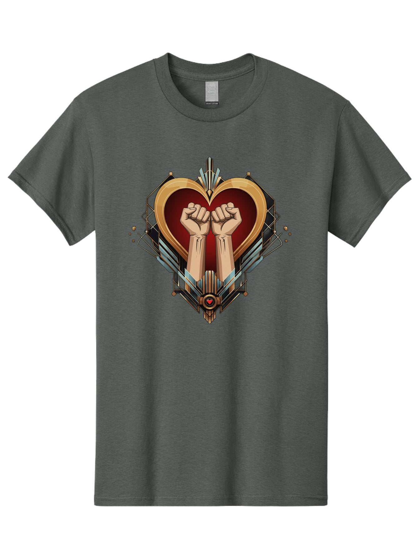Fists-In-Heart-2 Men'S Graphic Tee, 100% Cotton, Comfortable Casual Summer Wear, Machine Washable, Fist Bump, Heart Shaped Design, Mechanical Elements, Red Heart, Gold Accents, Industrial Style, Symbol Of Solidarity, Graphic Art, Bab905 12