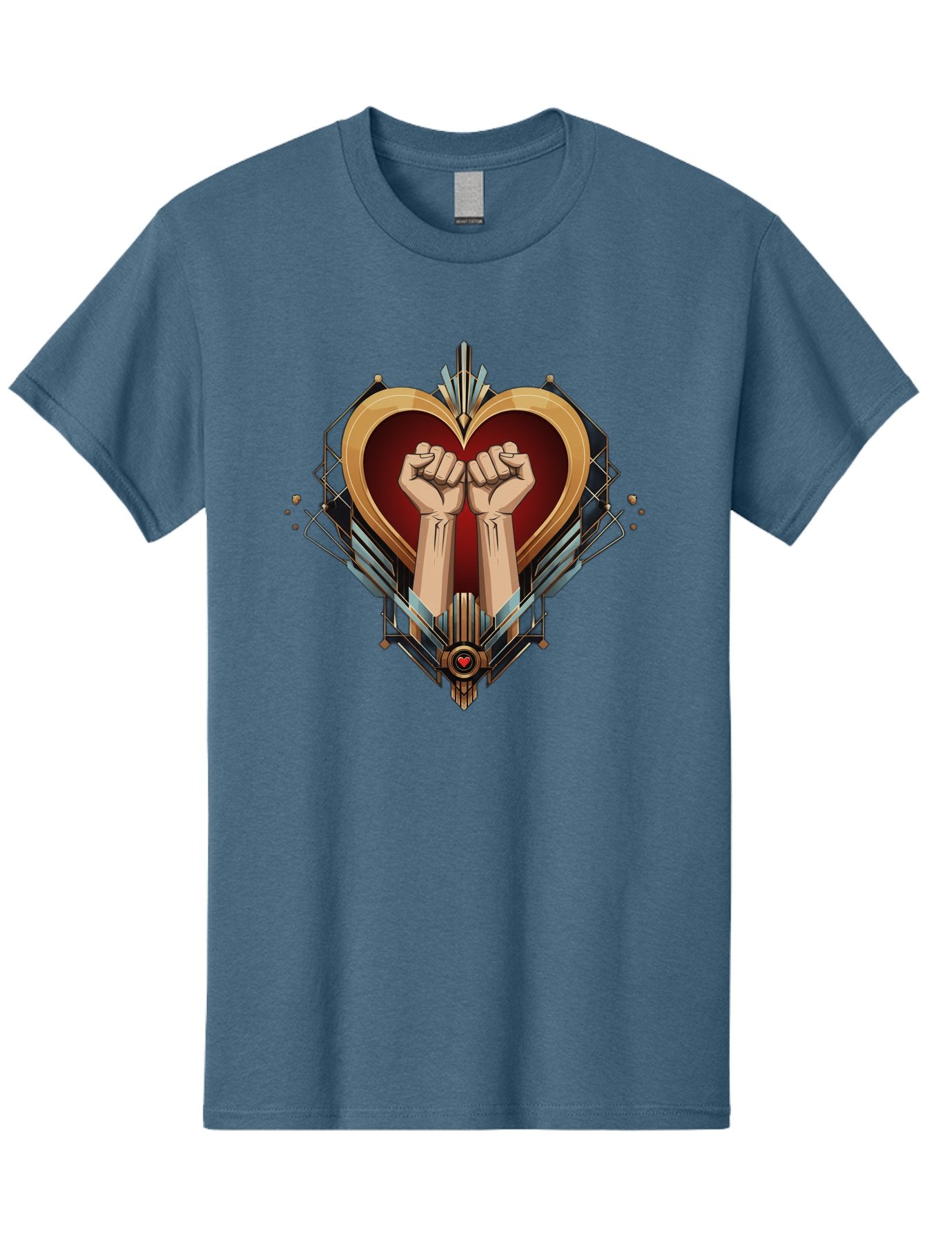 Fists-In-Heart-2 Men'S Graphic Tee, 100% Cotton, Comfortable Casual Summer Wear, Machine Washable, Fist Bump, Heart Shaped Design, Mechanical Elements, Red Heart, Gold Accents, Industrial Style, Symbol Of Solidarity, Graphic Art, Bab905 5