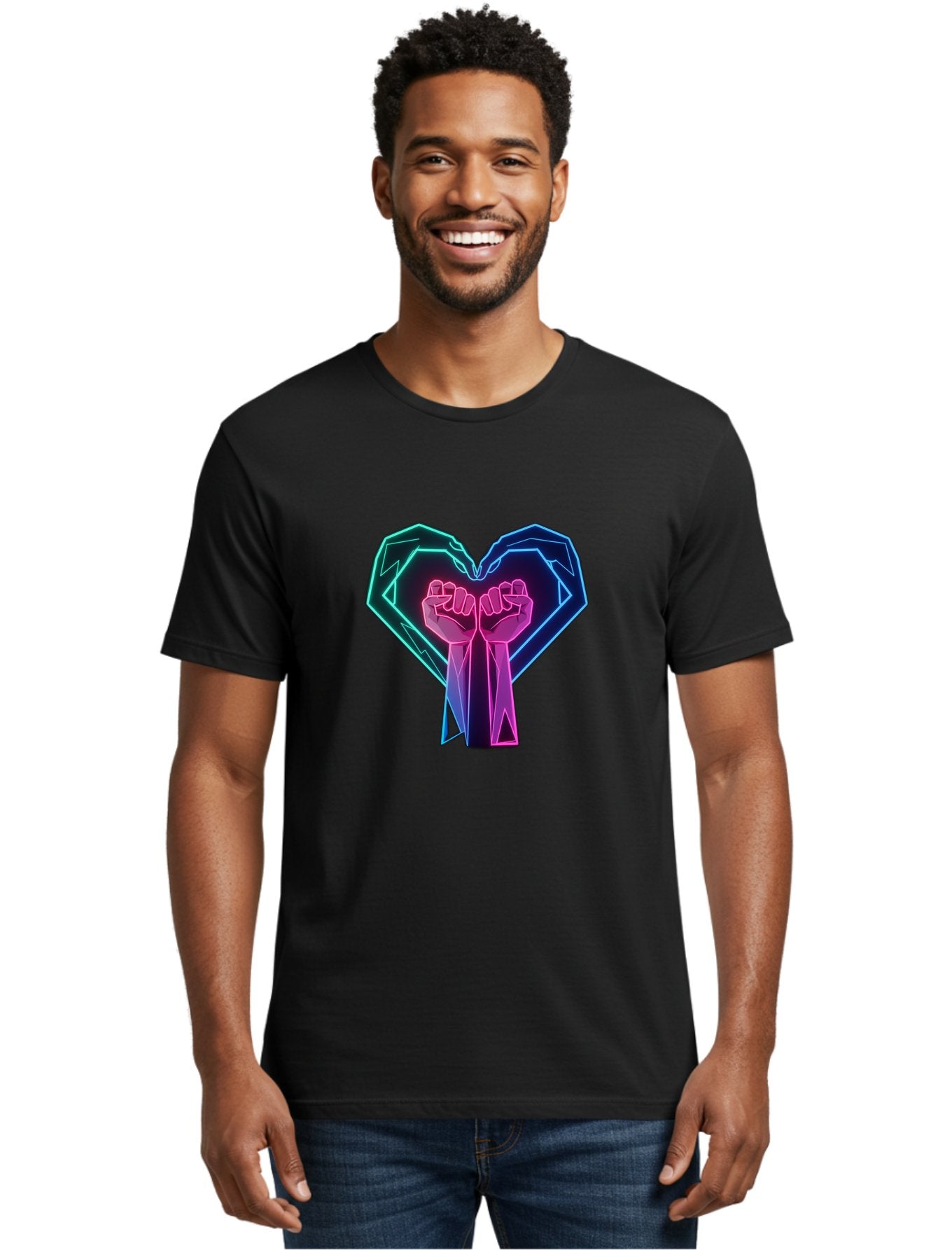 Fists-In-Heart Men'S Graphic Tee, 100% Cotton, Comfortable Casual Summer Wear, Machine Washable, Raised Fists, Heart Shape, Neon Lights, Solidarity Symbol, Unity, Social Justice, Protest, Activism, Empowerment, Love Bab906 16