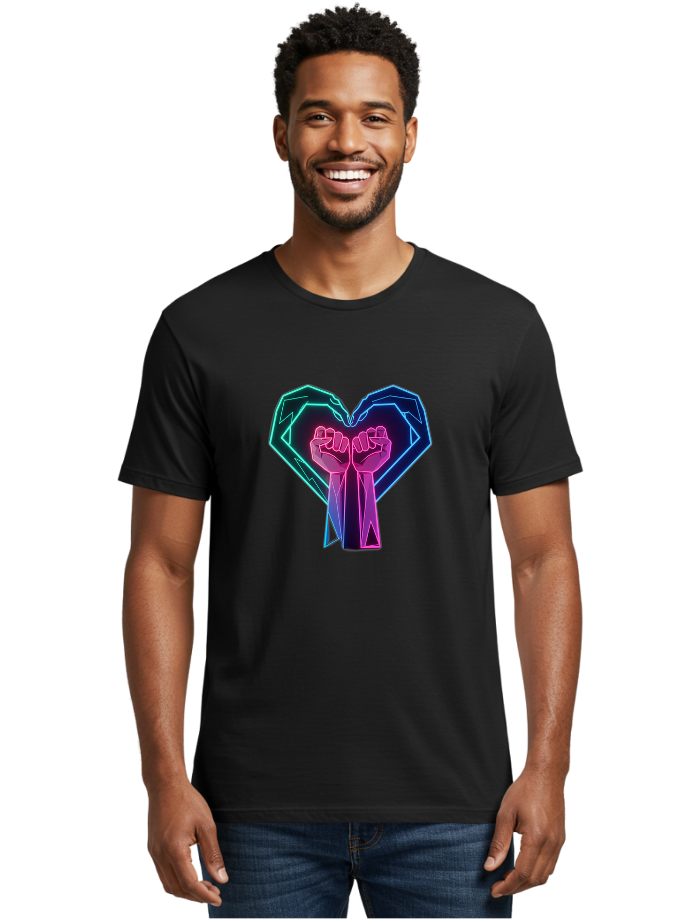 Fists-In-Heart Men'S Graphic Tee, 100% Cotton, Comfortable Casual Summer Wear, Machine Washable, Raised Fists, Heart Shape, Neon Lights, Solidarity Symbol, Unity, Social Justice, Protest, Activism, Empowerment, Love Bab906 28