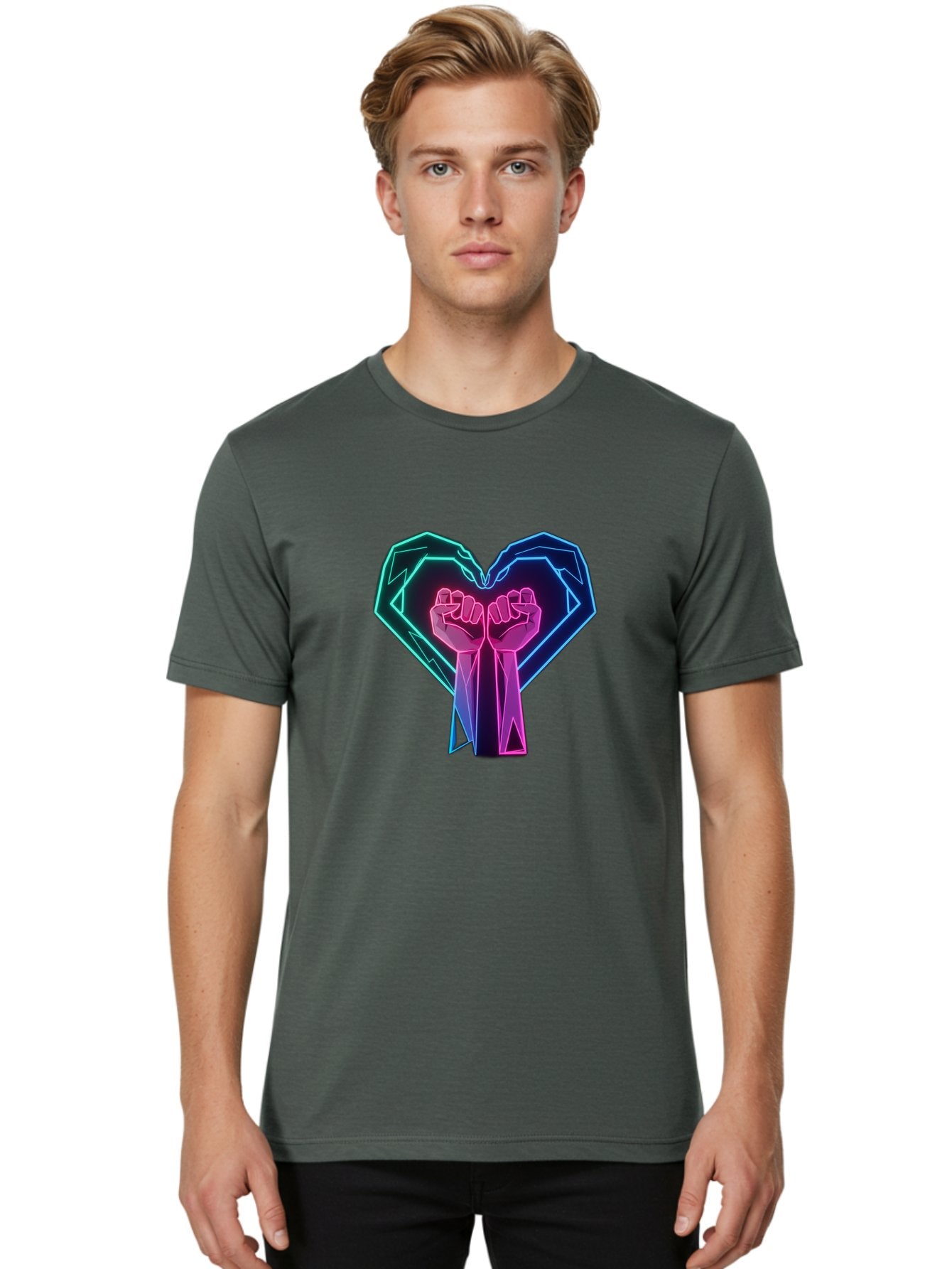 Fists-In-Heart Men'S Graphic Tee, 100% Cotton, Comfortable Casual Summer Wear, Machine Washable, Raised Fists, Heart Shape, Neon Lights, Solidarity Symbol, Unity, Social Justice, Protest, Activism, Empowerment, Love Bab906 25