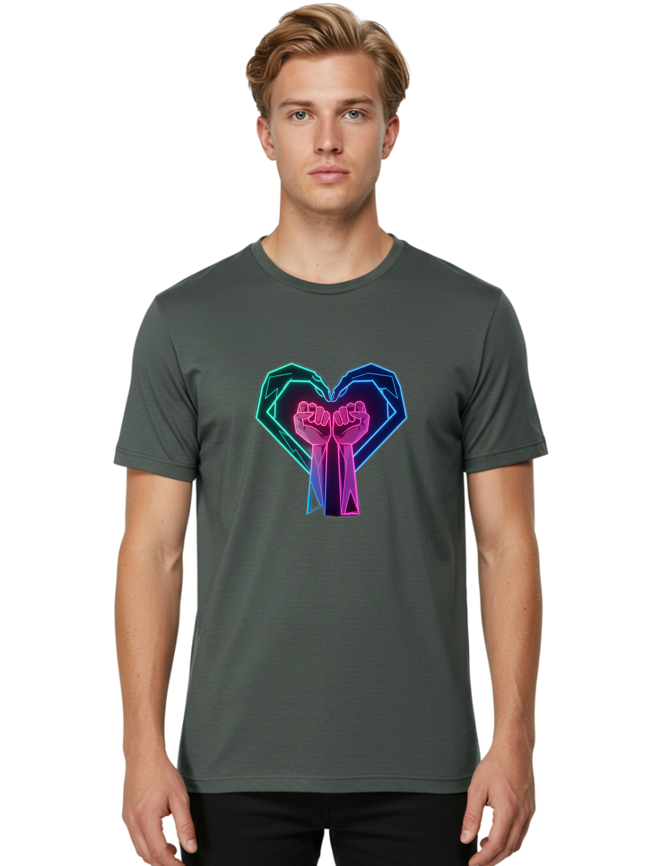 Fists-In-Heart Men'S Graphic Tee, 100% Cotton, Comfortable Casual Summer Wear, Machine Washable, Raised Fists, Heart Shape, Neon Lights, Solidarity Symbol, Unity, Social Justice, Protest, Activism, Empowerment, Love Bab906 21