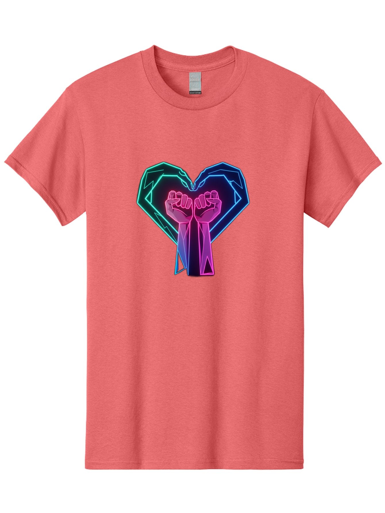 Fists-In-Heart Men'S Graphic Tee, 100% Cotton, Comfortable Casual Summer Wear, Machine Washable, Raised Fists, Heart Shape, Neon Lights, Solidarity Symbol, Unity, Social Justice, Protest, Activism, Empowerment, Love Bab906