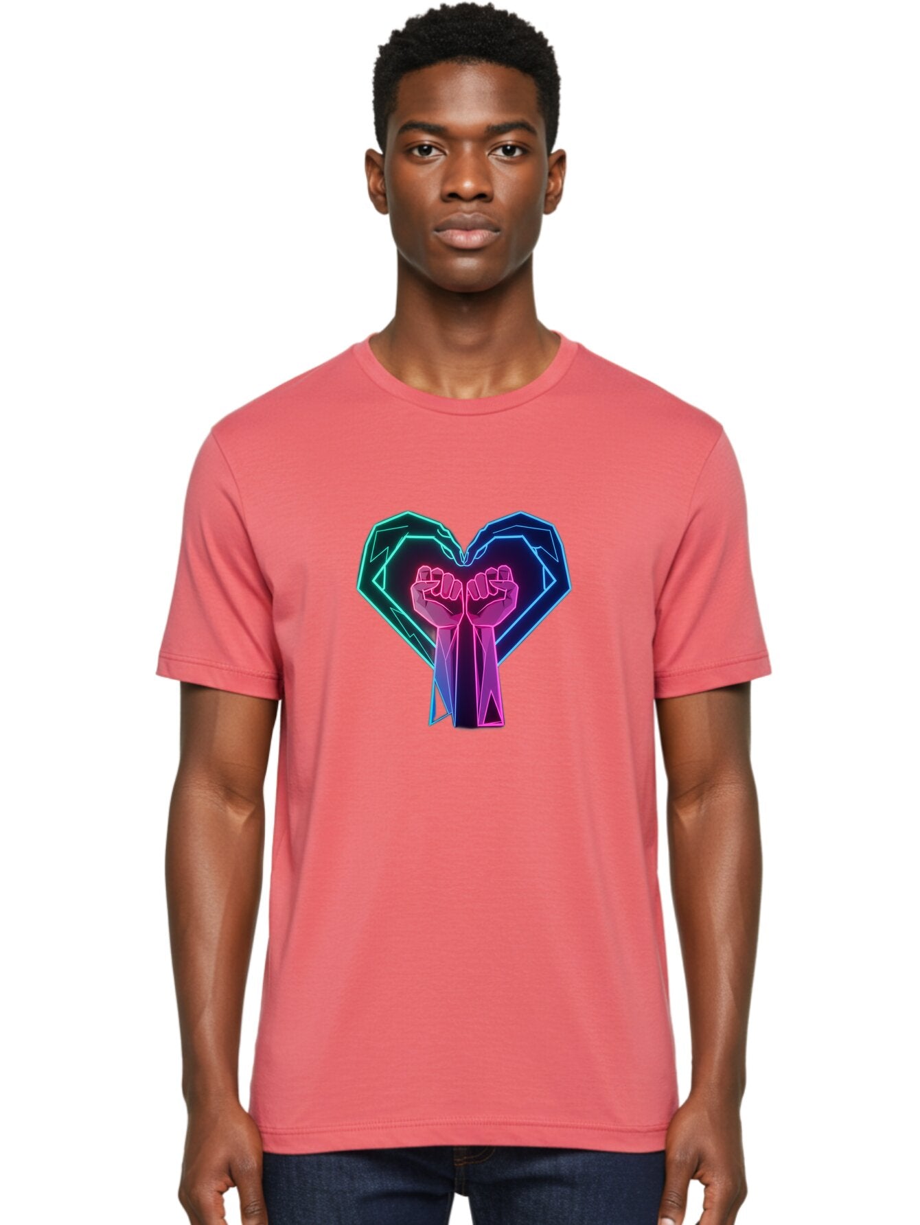 Fists-In-Heart Men'S Graphic Tee, 100% Cotton, Comfortable Casual Summer Wear, Machine Washable, Raised Fists, Heart Shape, Neon Lights, Solidarity Symbol, Unity, Social Justice, Protest, Activism, Empowerment, Love Bab906 21