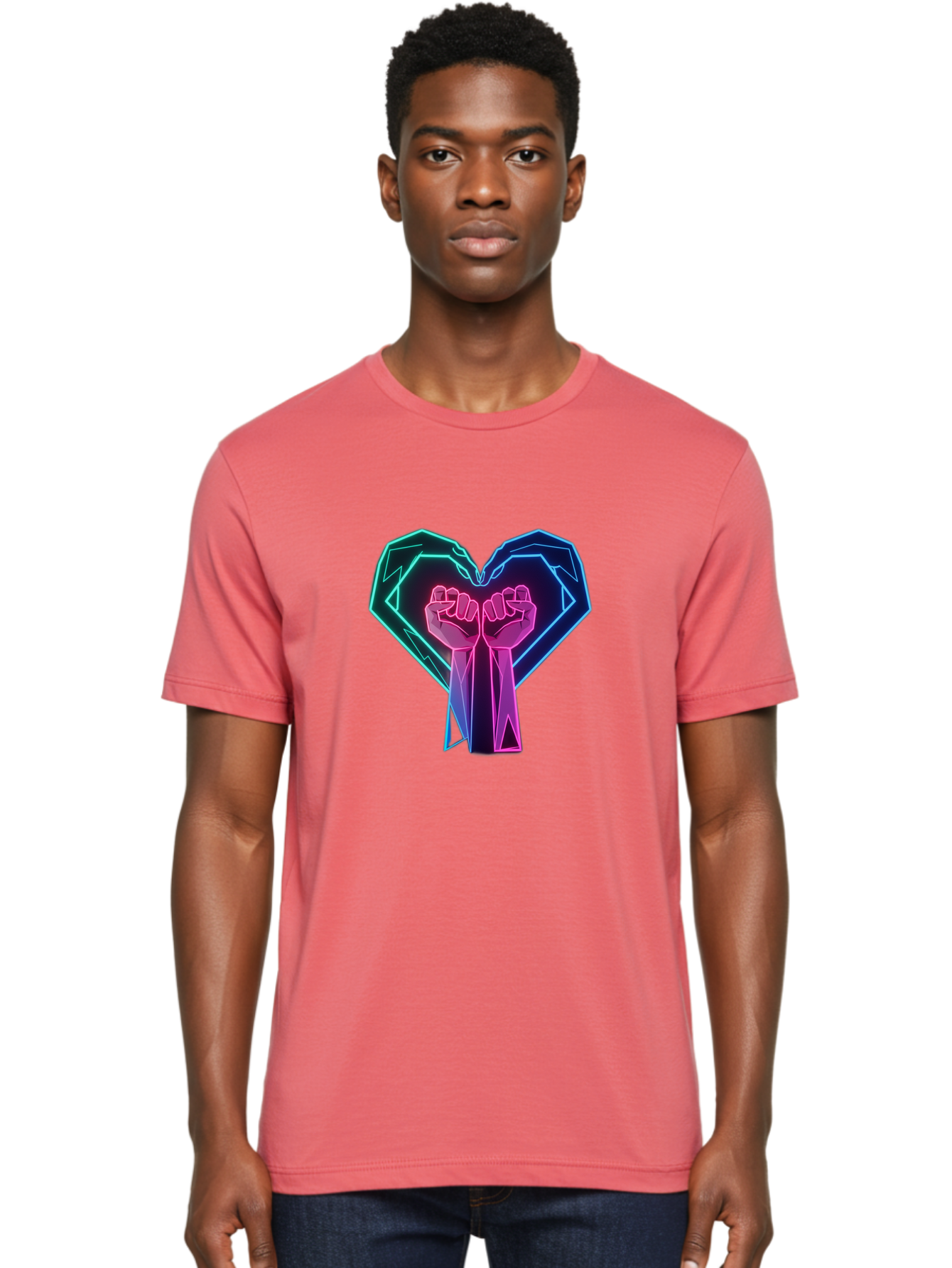 Fists-In-Heart Men'S Graphic Tee, 100% Cotton, Comfortable Casual Summer Wear, Machine Washable, Raised Fists, Heart Shape, Neon Lights, Solidarity Symbol, Unity, Social Justice, Protest, Activism, Empowerment, Love Bab906 25