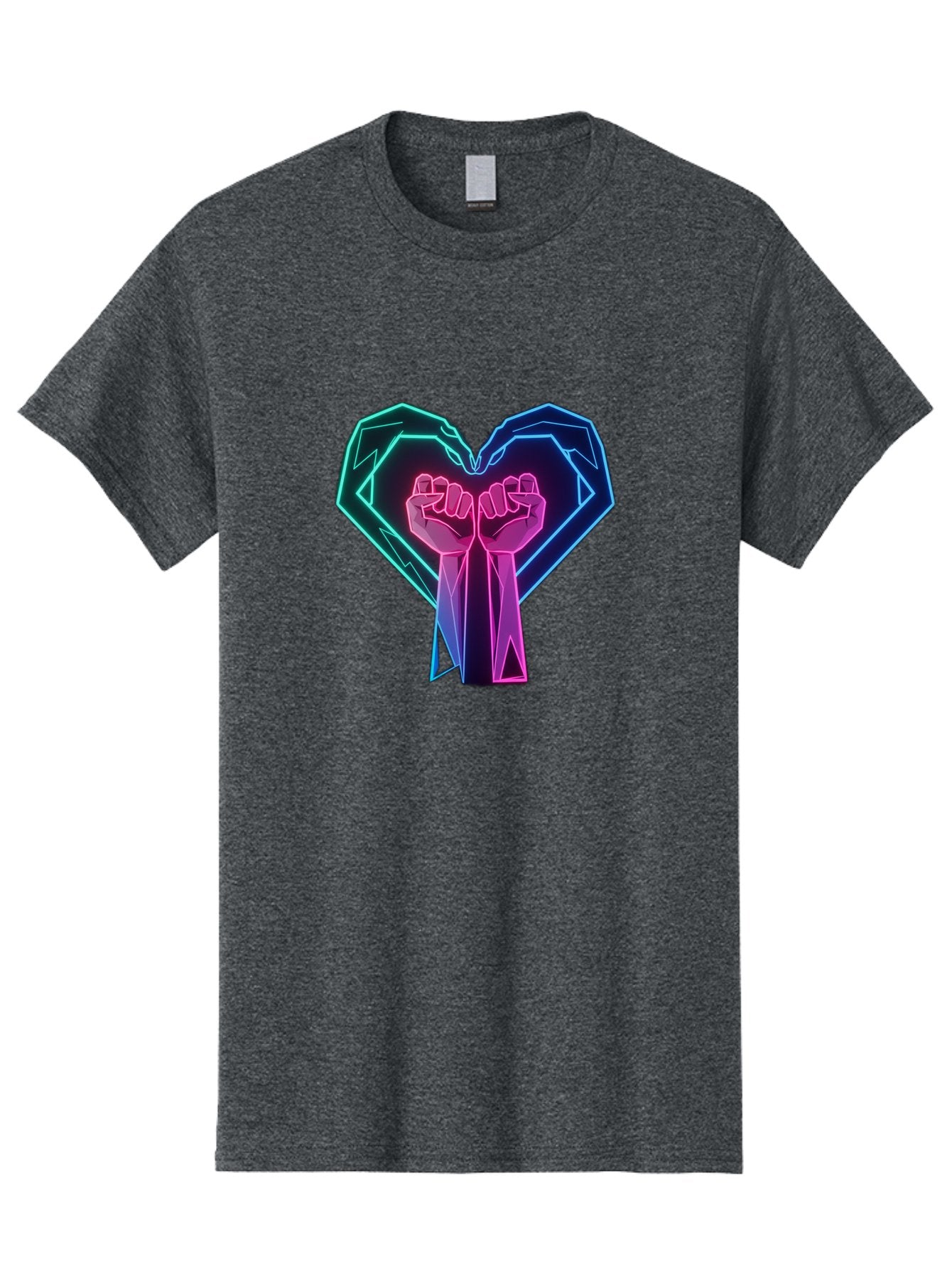Fists-In-Heart Men'S Graphic Tee, 100% Cotton, Comfortable Casual Summer Wear, Machine Washable, Raised Fists, Heart Shape, Neon Lights, Solidarity Symbol, Unity, Social Justice, Protest, Activism, Empowerment, Love Bab906 13