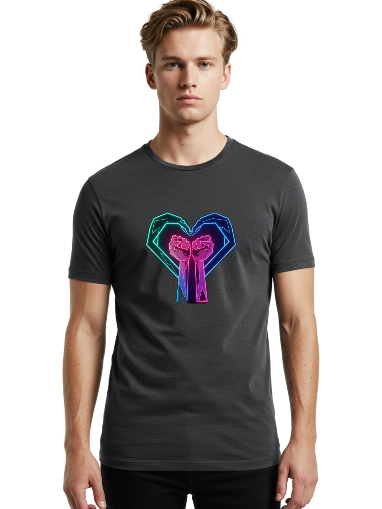 Fists-In-Heart Men'S Graphic Tee, 100% Cotton, Comfortable Casual Summer Wear, Machine Washable, Raised Fists, Heart Shape, Neon Lights, Solidarity Symbol, Unity, Social Justice, Protest, Activism, Empowerment, Love Bab906 20