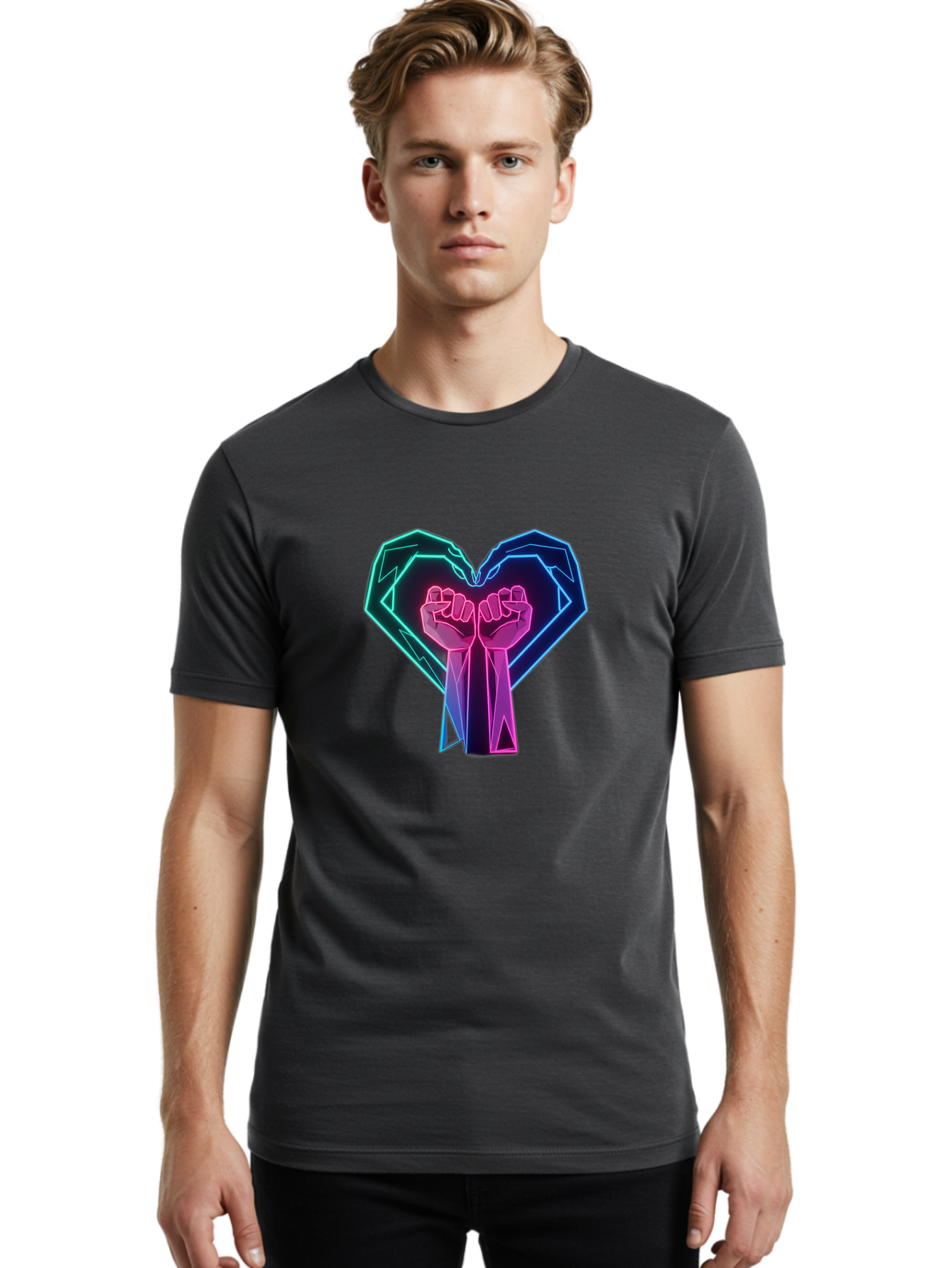 Fists-In-Heart Men'S Graphic Tee, 100% Cotton, Comfortable Casual Summer Wear, Machine Washable, Raised Fists, Heart Shape, Neon Lights, Solidarity Symbol, Unity, Social Justice, Protest, Activism, Empowerment, Love Bab906 30