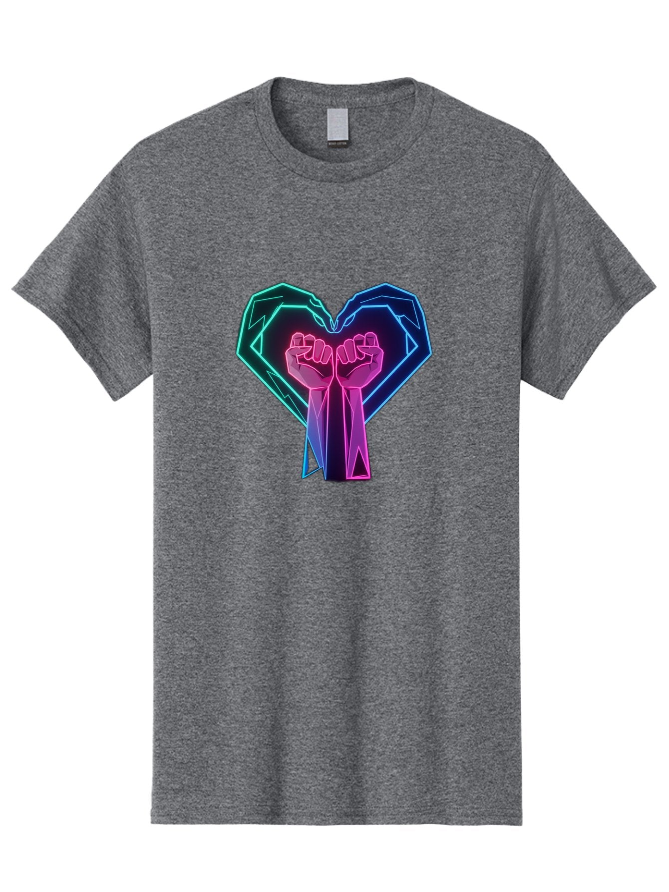 Fists-In-Heart Men'S Graphic Tee, 100% Cotton, Comfortable Casual Summer Wear, Machine Washable, Raised Fists, Heart Shape, Neon Lights, Solidarity Symbol, Unity, Social Justice, Protest, Activism, Empowerment, Love Bab906
