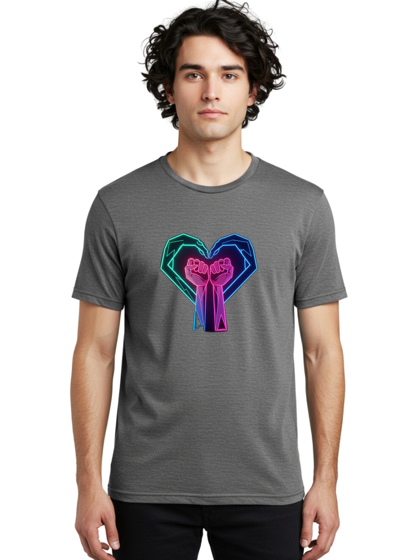 Fists-In-Heart Men'S Graphic Tee, 100% Cotton, Comfortable Casual Summer Wear, Machine Washable, Raised Fists, Heart Shape, Neon Lights, Solidarity Symbol, Unity, Social Justice, Protest, Activism, Empowerment, Love Bab906 19