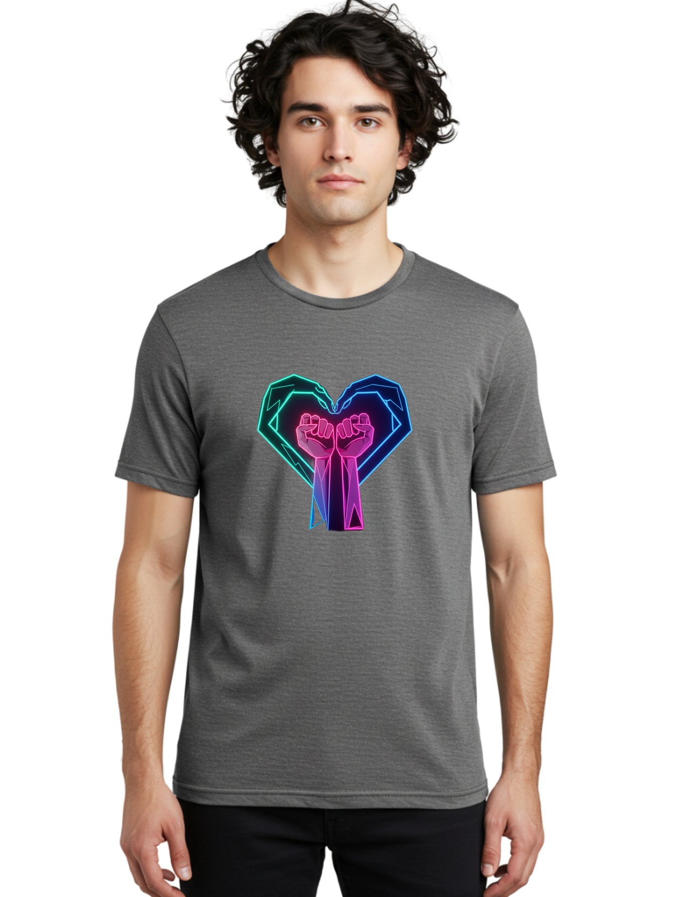 Fists-In-Heart Men'S Graphic Tee, 100% Cotton, Comfortable Casual Summer Wear, Machine Washable, Raised Fists, Heart Shape, Neon Lights, Solidarity Symbol, Unity, Social Justice, Protest, Activism, Empowerment, Love Bab906 26