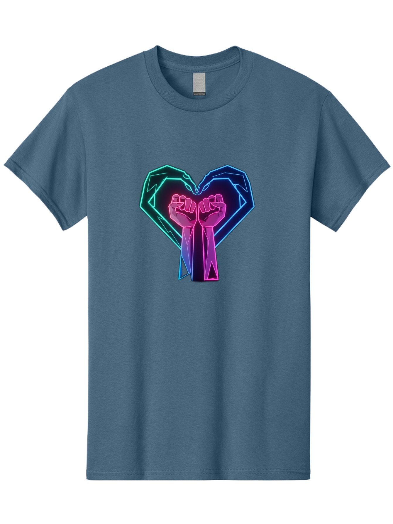 Fists-In-Heart Men'S Graphic Tee, 100% Cotton, Comfortable Casual Summer Wear, Machine Washable, Raised Fists, Heart Shape, Neon Lights, Solidarity Symbol, Unity, Social Justice, Protest, Activism, Empowerment, Love Bab906 12