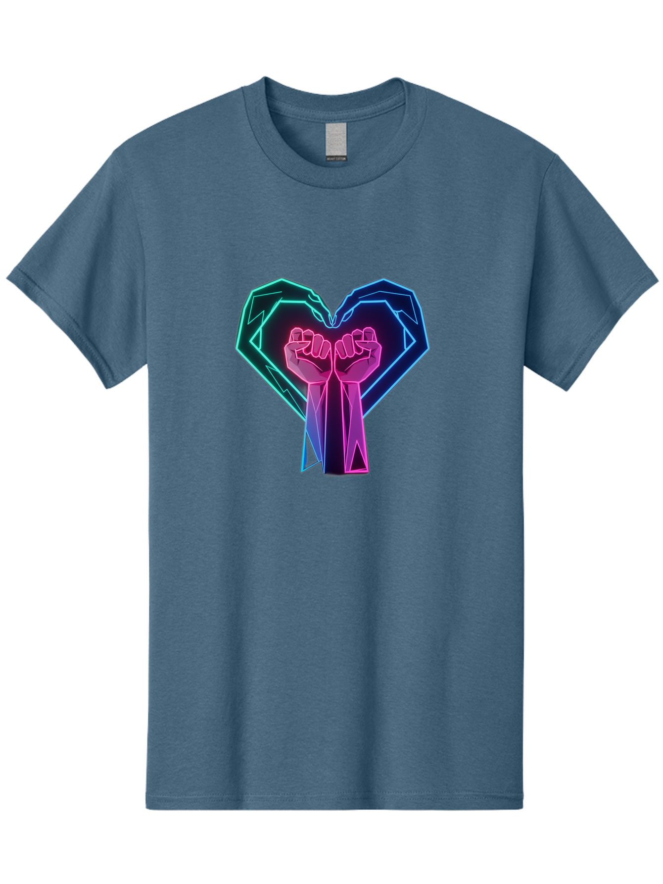 Fists-In-Heart Men'S Graphic Tee, 100% Cotton, Comfortable Casual Summer Wear, Machine Washable, Raised Fists, Heart Shape, Neon Lights, Solidarity Symbol, Unity, Social Justice, Protest, Activism, Empowerment, Love Bab906 3