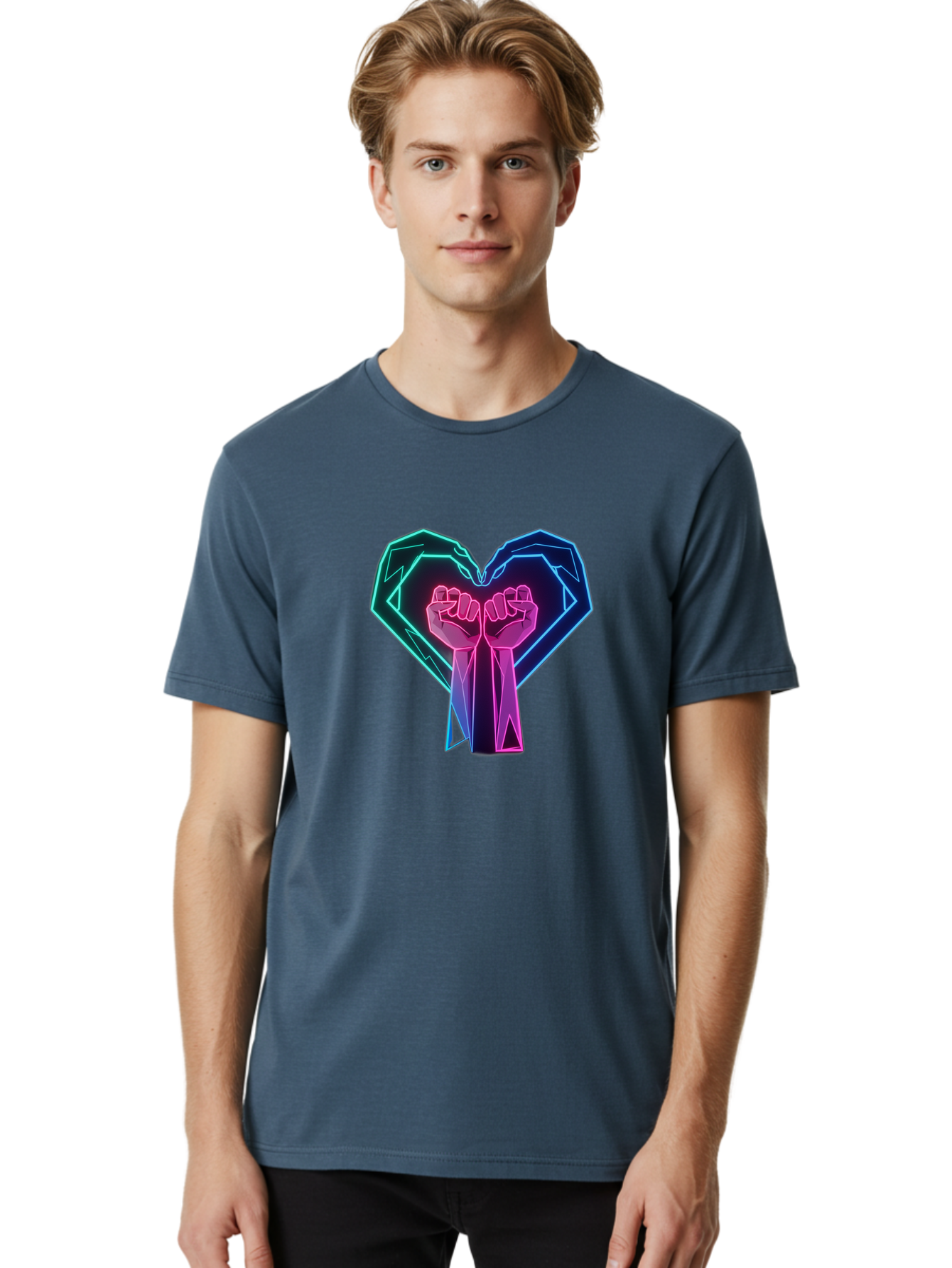 Fists-In-Heart Men'S Graphic Tee, 100% Cotton, Comfortable Casual Summer Wear, Machine Washable, Raised Fists, Heart Shape, Neon Lights, Solidarity Symbol, Unity, Social Justice, Protest, Activism, Empowerment, Love Bab906 18