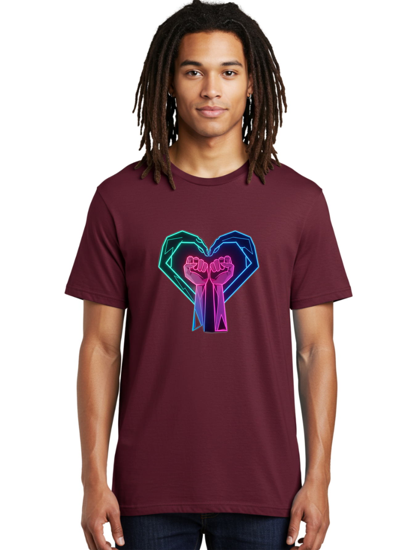 Fists-In-Heart Men'S Graphic Tee, 100% Cotton, Comfortable Casual Summer Wear, Machine Washable, Raised Fists, Heart Shape, Neon Lights, Solidarity Symbol, Unity, Social Justice, Protest, Activism, Empowerment, Love Bab906 24