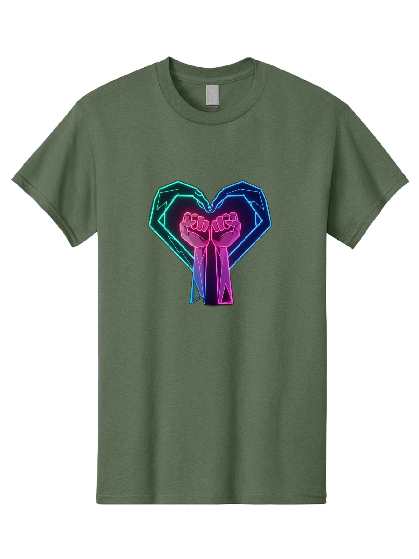 Fists-In-Heart Men'S Graphic Tee, 100% Cotton, Comfortable Casual Summer Wear, Machine Washable, Raised Fists, Heart Shape, Neon Lights, Solidarity Symbol, Unity, Social Justice, Protest, Activism, Empowerment, Love Bab906 4
