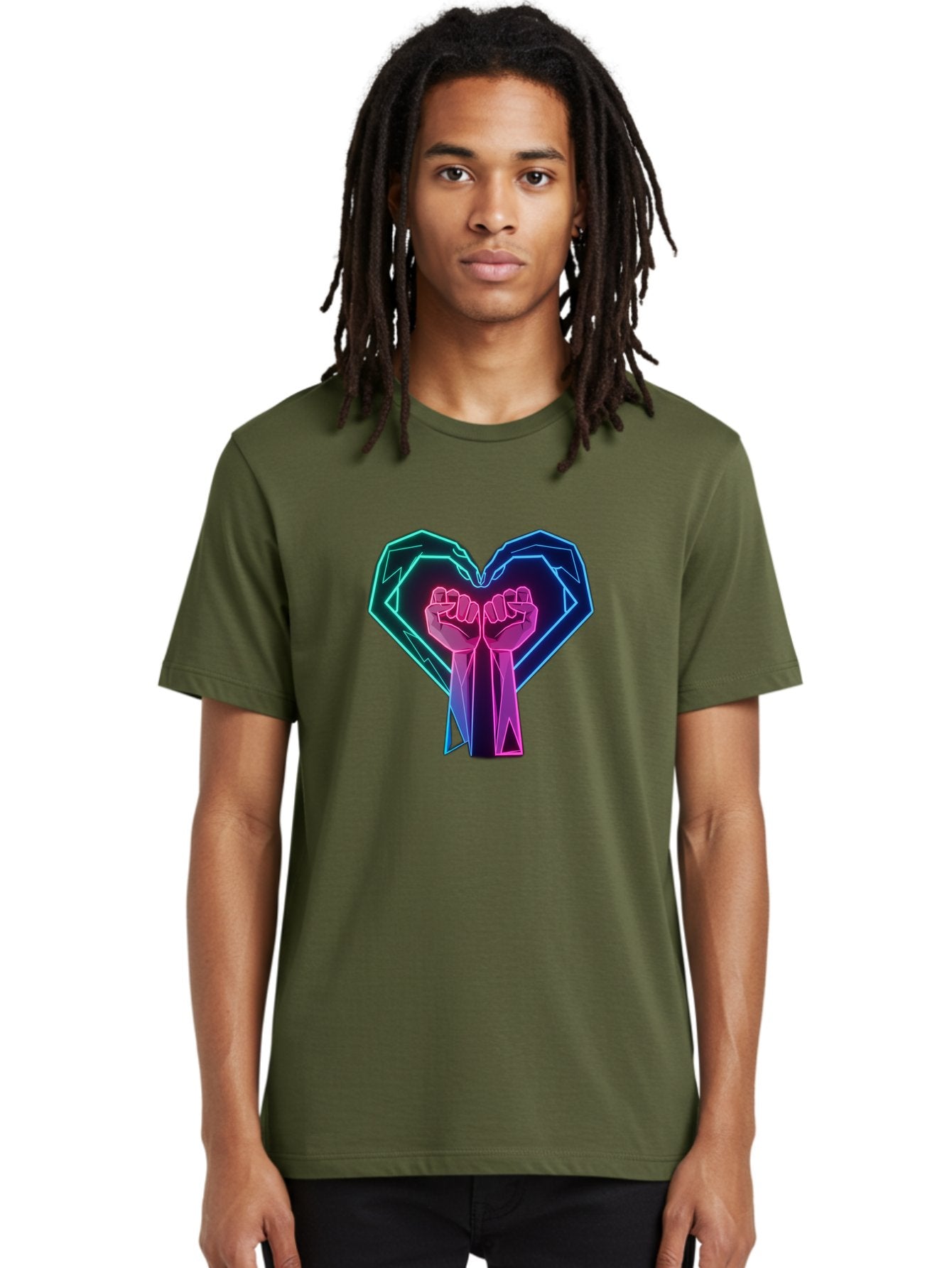 Fists-In-Heart Men'S Graphic Tee, 100% Cotton, Comfortable Casual Summer Wear, Machine Washable, Raised Fists, Heart Shape, Neon Lights, Solidarity Symbol, Unity, Social Justice, Protest, Activism, Empowerment, Love Bab906 18