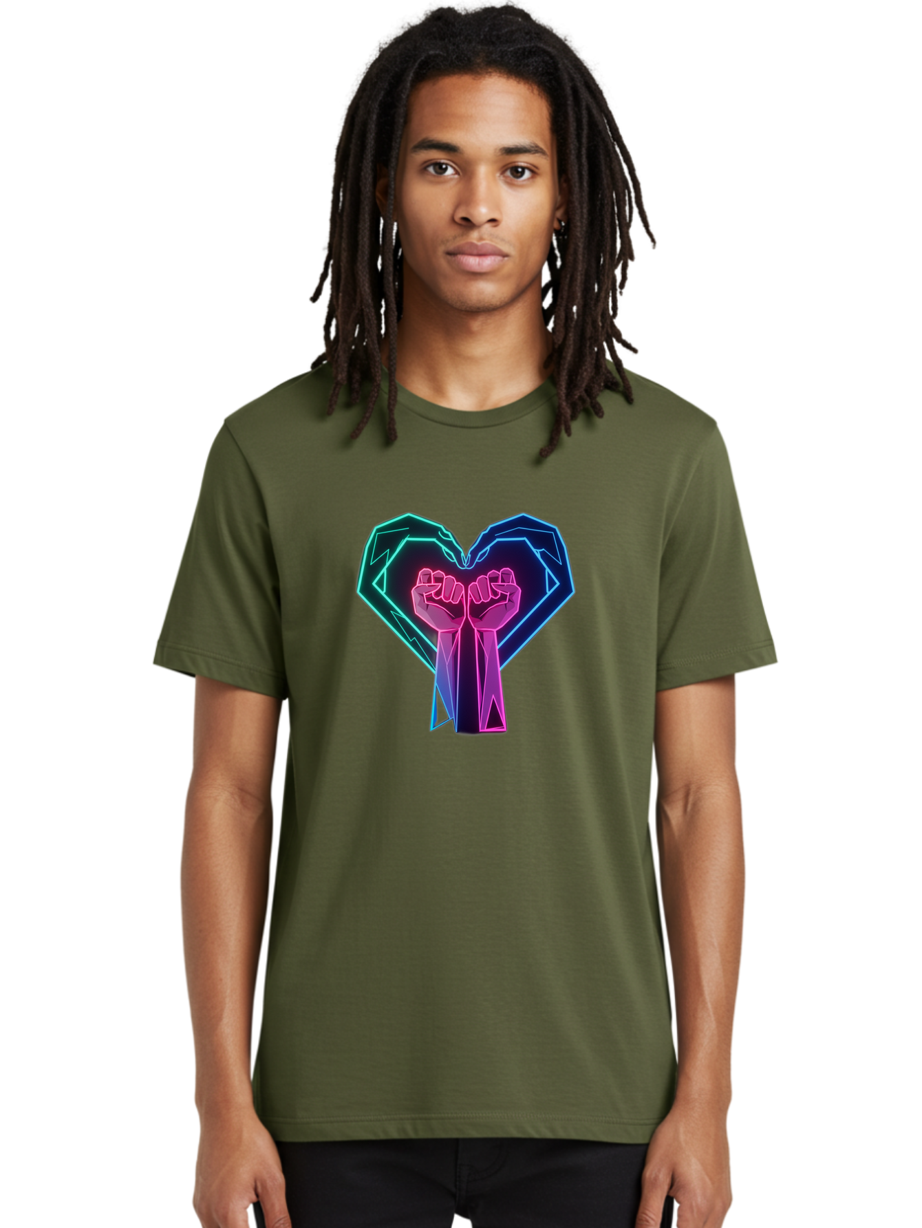 Fists-In-Heart Men'S Graphic Tee, 100% Cotton, Comfortable Casual Summer Wear, Machine Washable, Raised Fists, Heart Shape, Neon Lights, Solidarity Symbol, Unity, Social Justice, Protest, Activism, Empowerment, Love Bab906 27